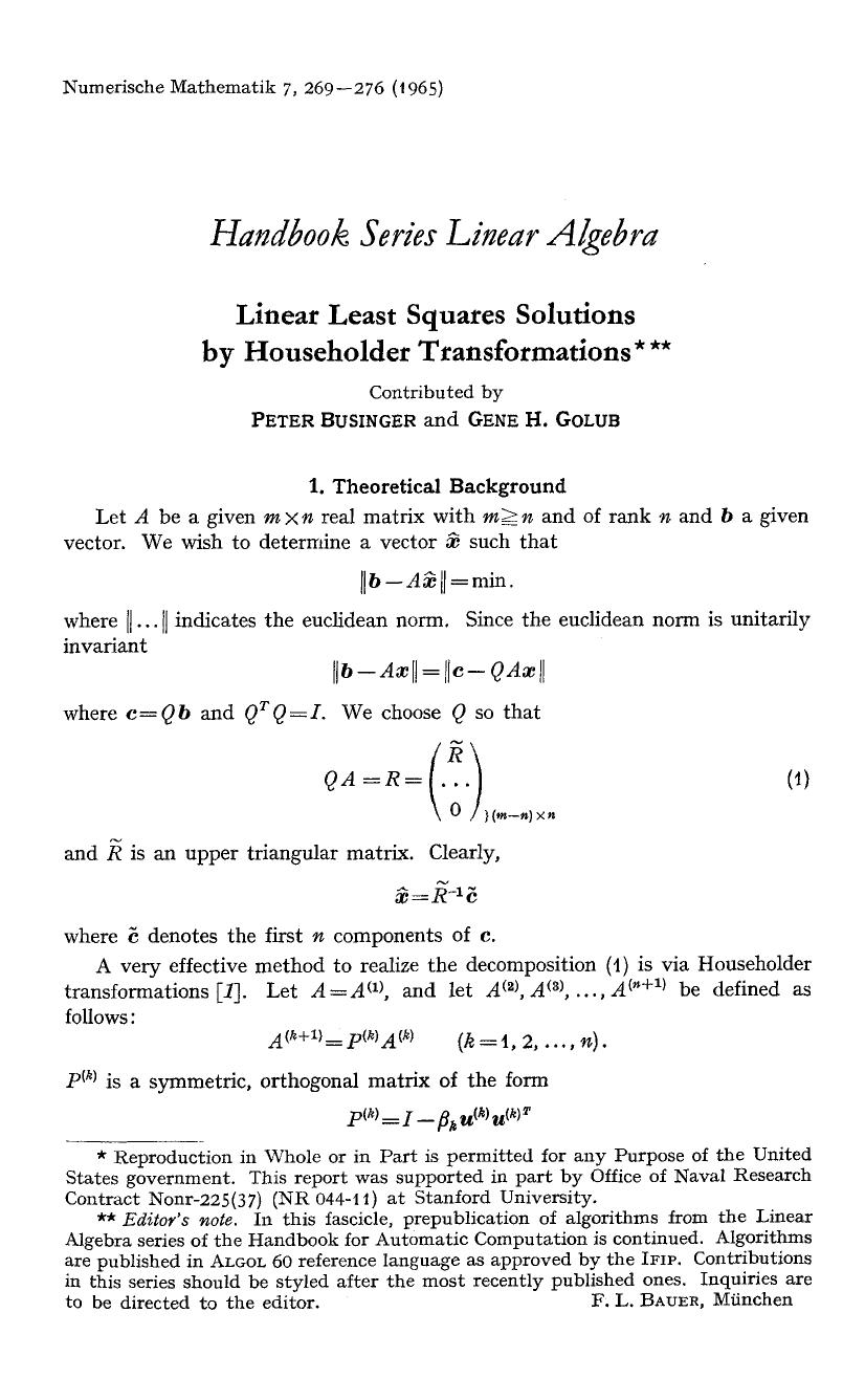 Linear least squares solutions by householder transformations by Unknown