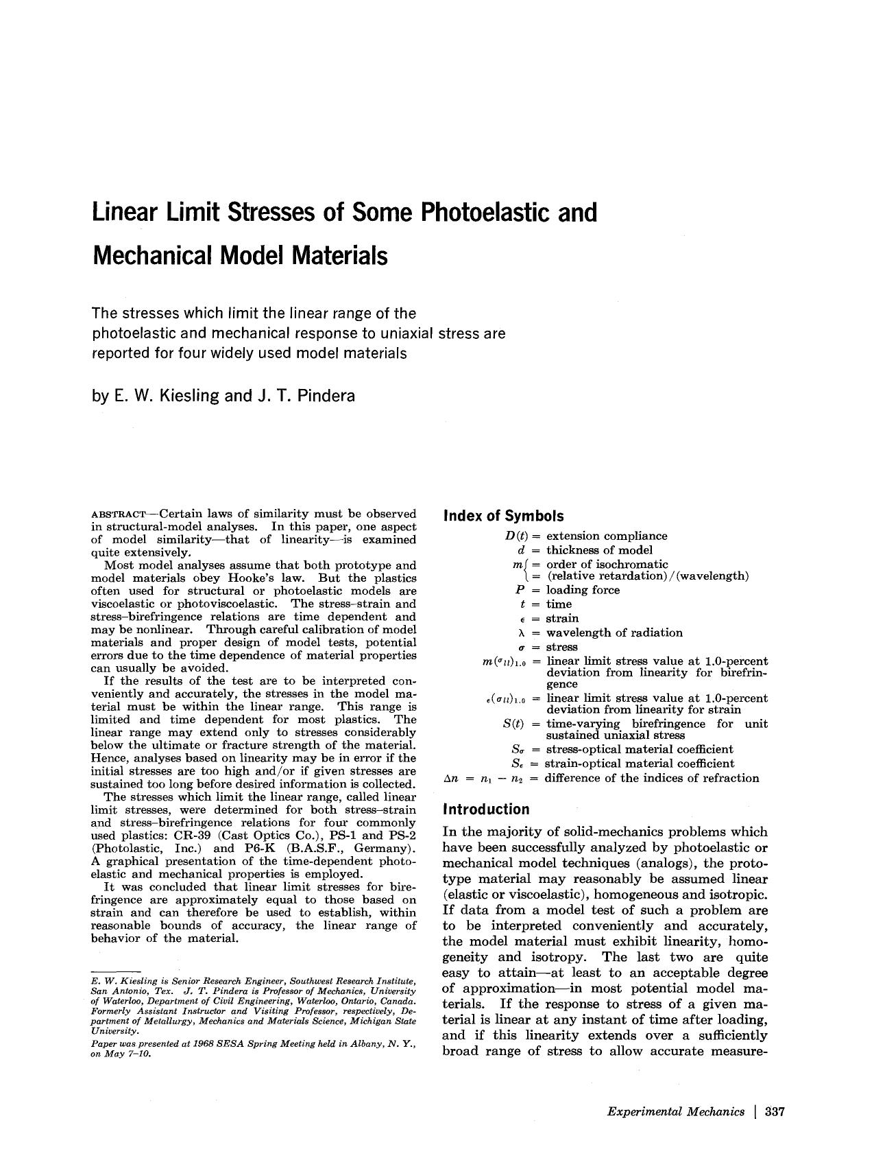 Linear limit stresses of some photoelastic and mechanical model materials by Unknown