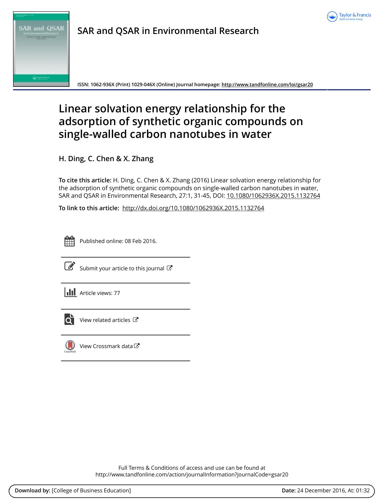 Linear solvation energy relationship for the adsorption of synthetic organic compounds on single-walled carbon nanotubes in water by H. Ding & C. Chen & X. Zhang
