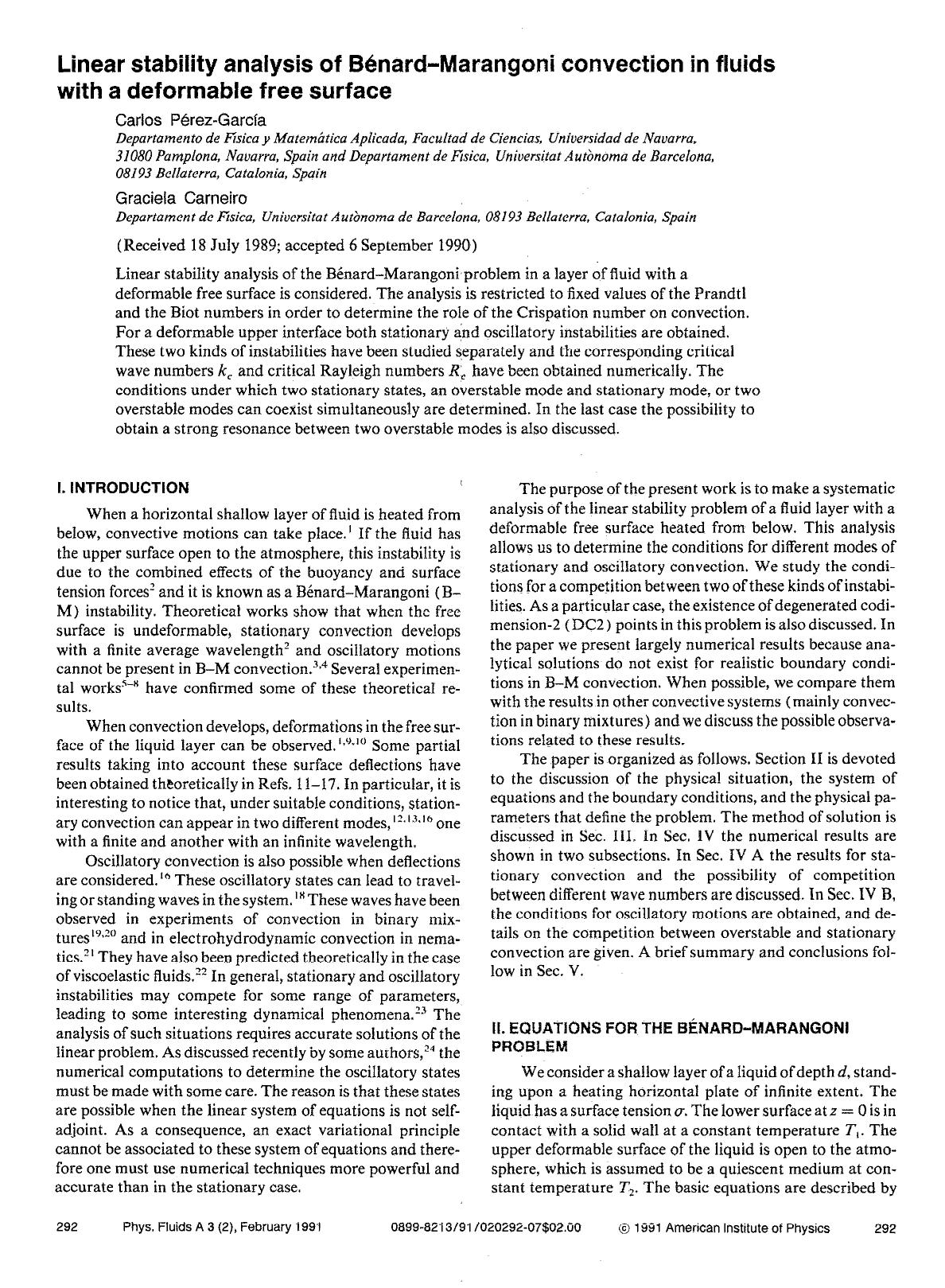 Linear stability analysis of Benard--Marangoni convection in fluids with a deformable free surface by Carlos Perez-Garcia; Graciela Carneiro
