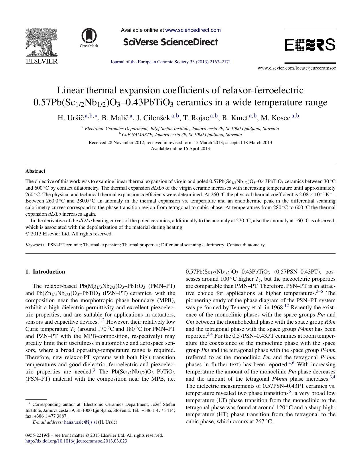 Linear thermal expansion coefficients of relaxor-ferroelectric 0.57Pb(Sc12Nb12)O3â0.43PbTiO3 ceramics in a wide temperature range by H. Uršič