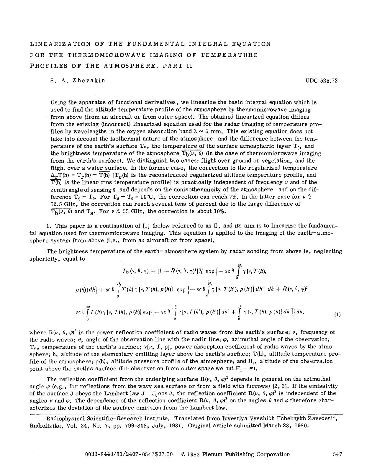 Linearization of the fundamental integral equation for the thermomicrowave imaging of temperature profiles of the atmosphere. Part II by Unknown