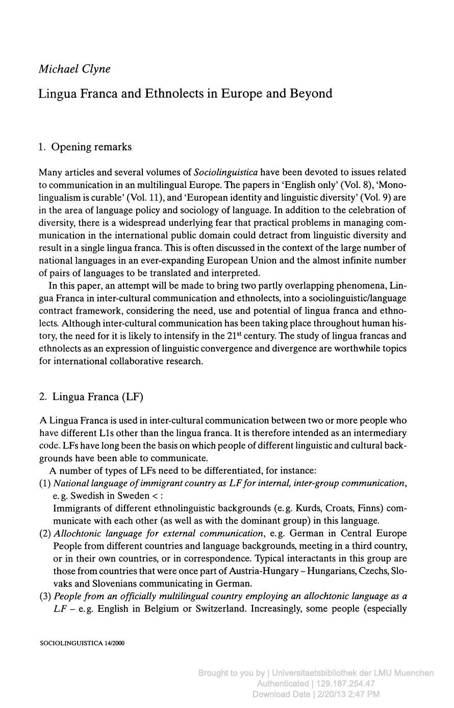 Lingua Franca and Ethnolects in Europe and Beyond by Clyne Michael