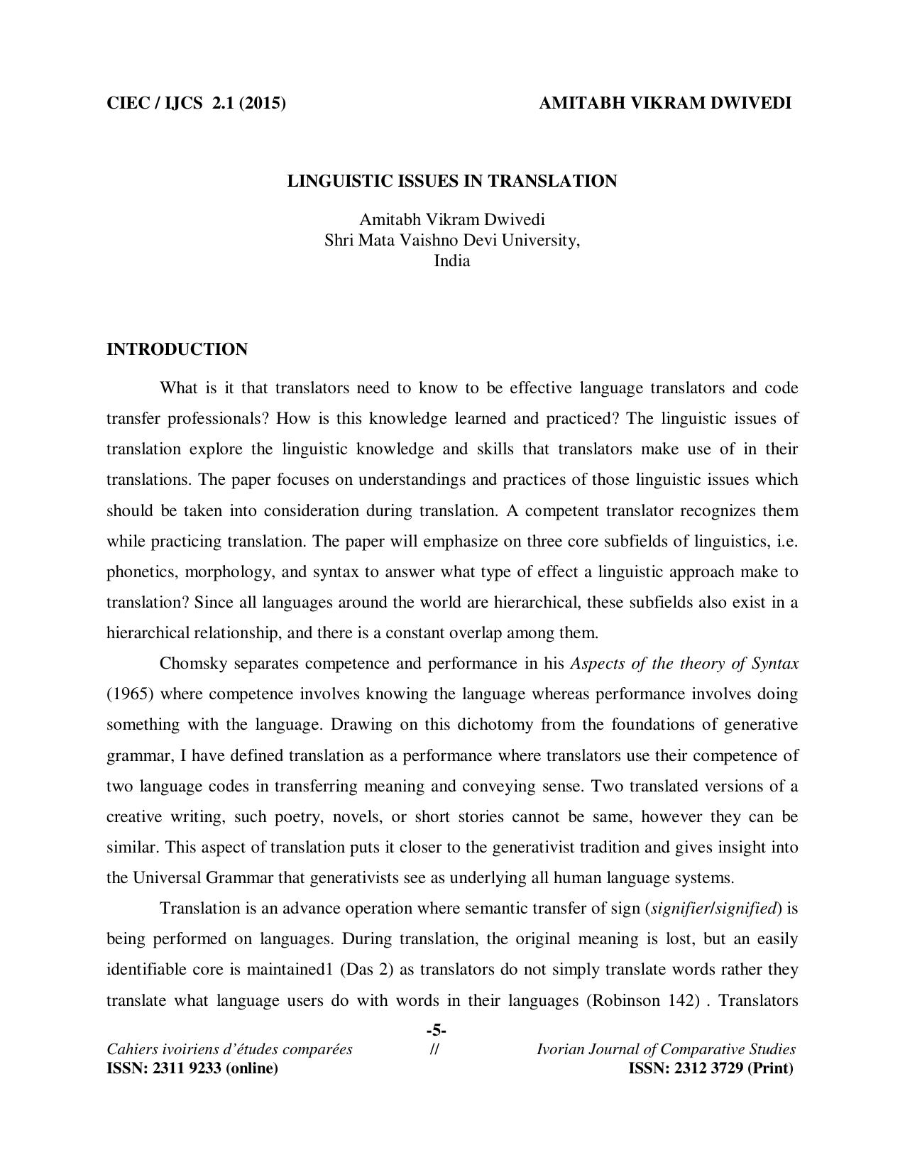 Linguistic Issues in Translation by Amitabh Vikram Dwivedi