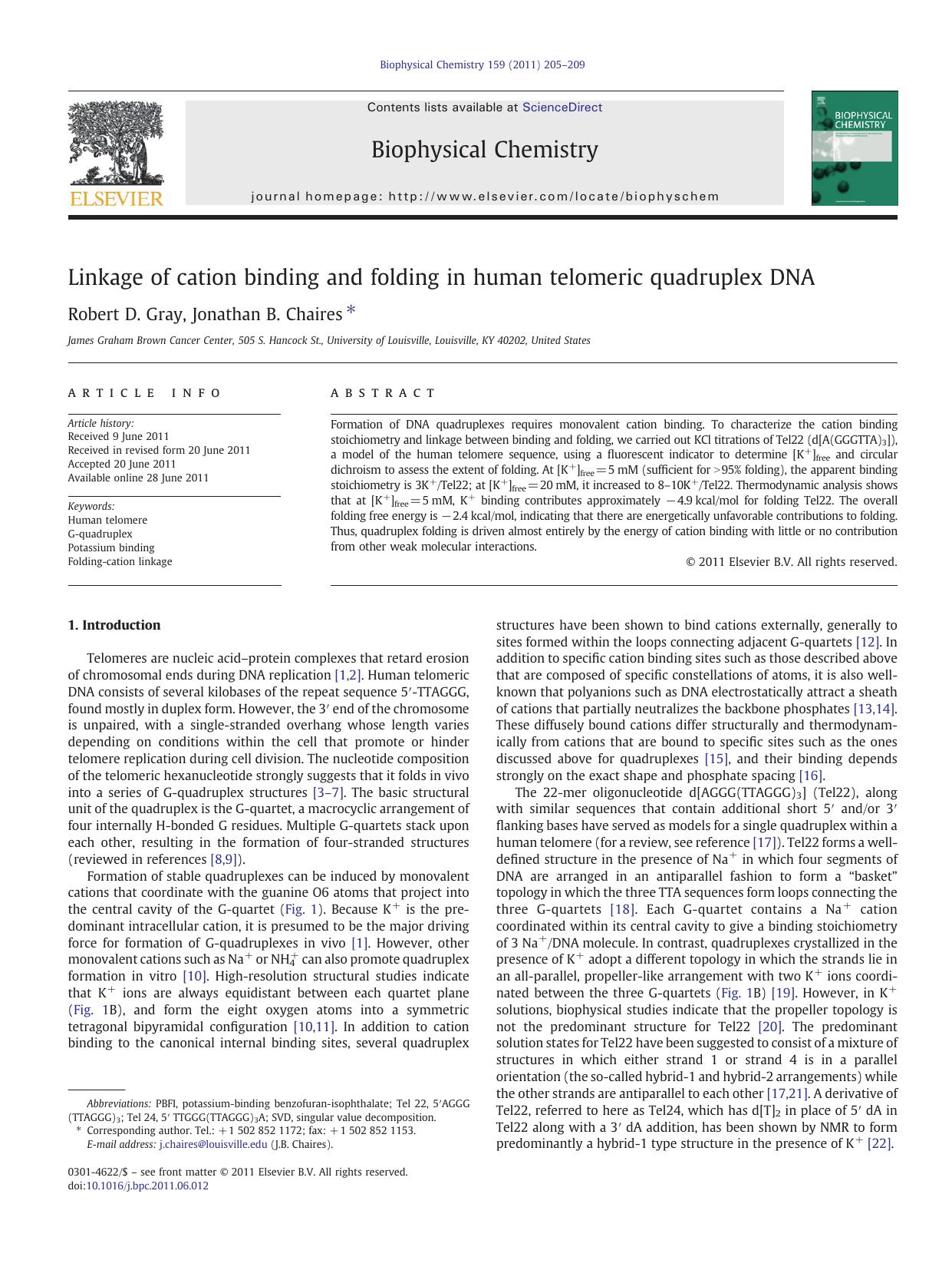 Linkage of cation binding and folding in human telomeric quadruplex DNA by Robert D. Gray & Jonathan B. Chaires