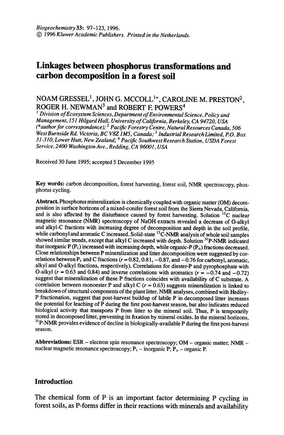 Linkages between phosphorus transformations and carbon decomposition in a forest soil by Unknown