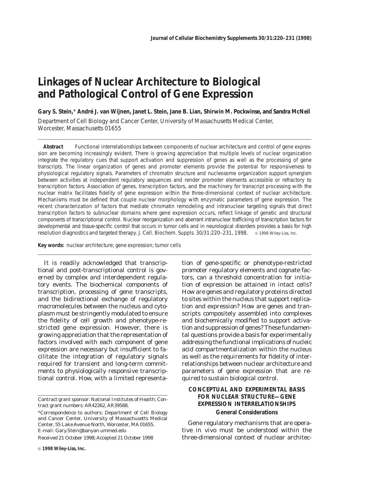Linkages of nuclear architecture to biological and pathological control of gene expression by Unknown