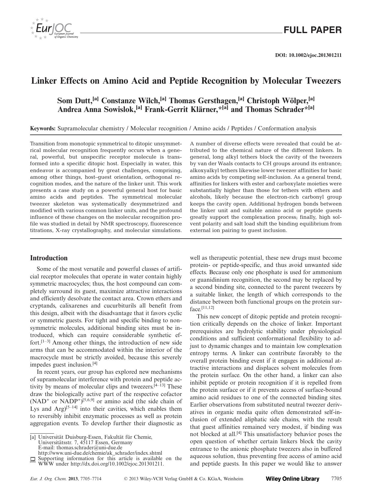 Linker Effects on Amino Acid and Peptide Recognition by Molecular Tweezers by Unknown