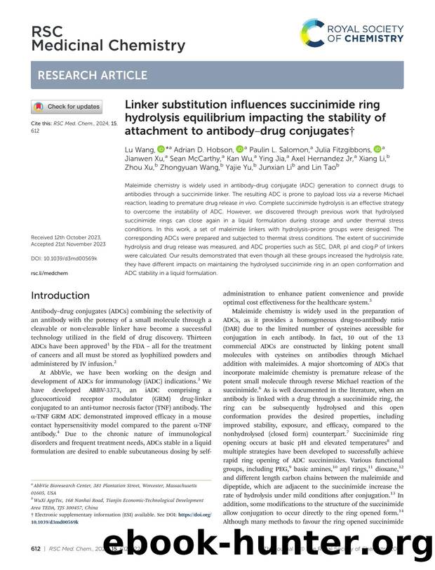 Linker substitution influences succinimide ring hydrolysis equilibrium impacting the stability of attachment to antibodyâdrug conjugates by unknow