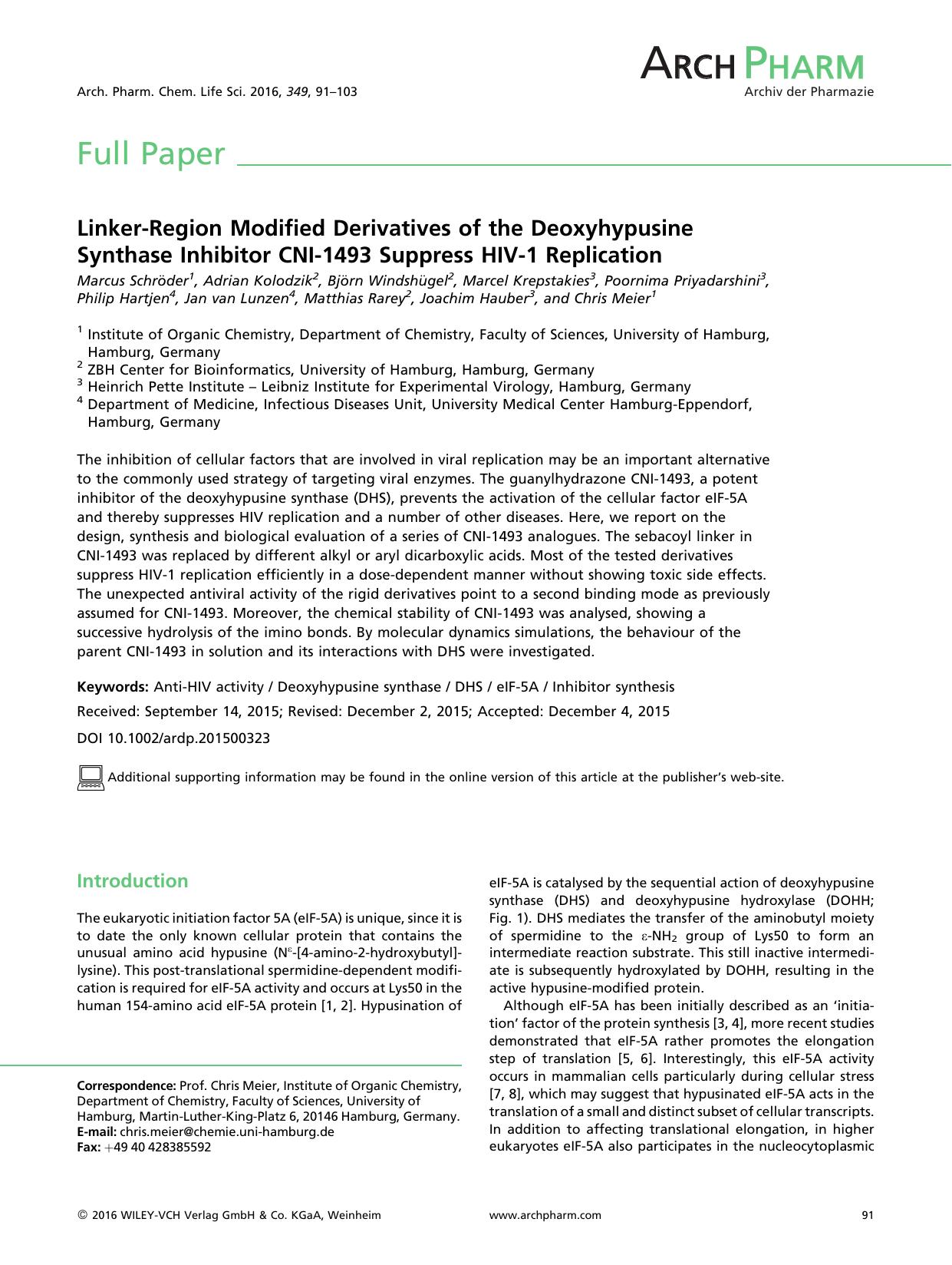 Linker-Region Modified Derivatives of the Deoxyhypusine Synthase Inhibitor CNI-1493 Suppress HIV-1 Replication by Unknown
