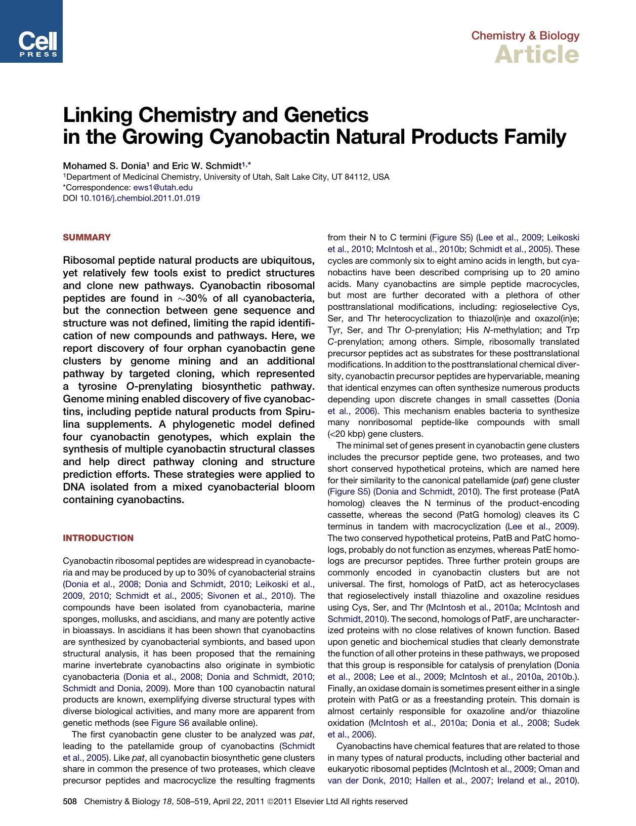Linking Chemistry and Genetics in the Growing Cyanobactin Natural Products Family by Mohamed S. Donia & Eric W. Schmidt