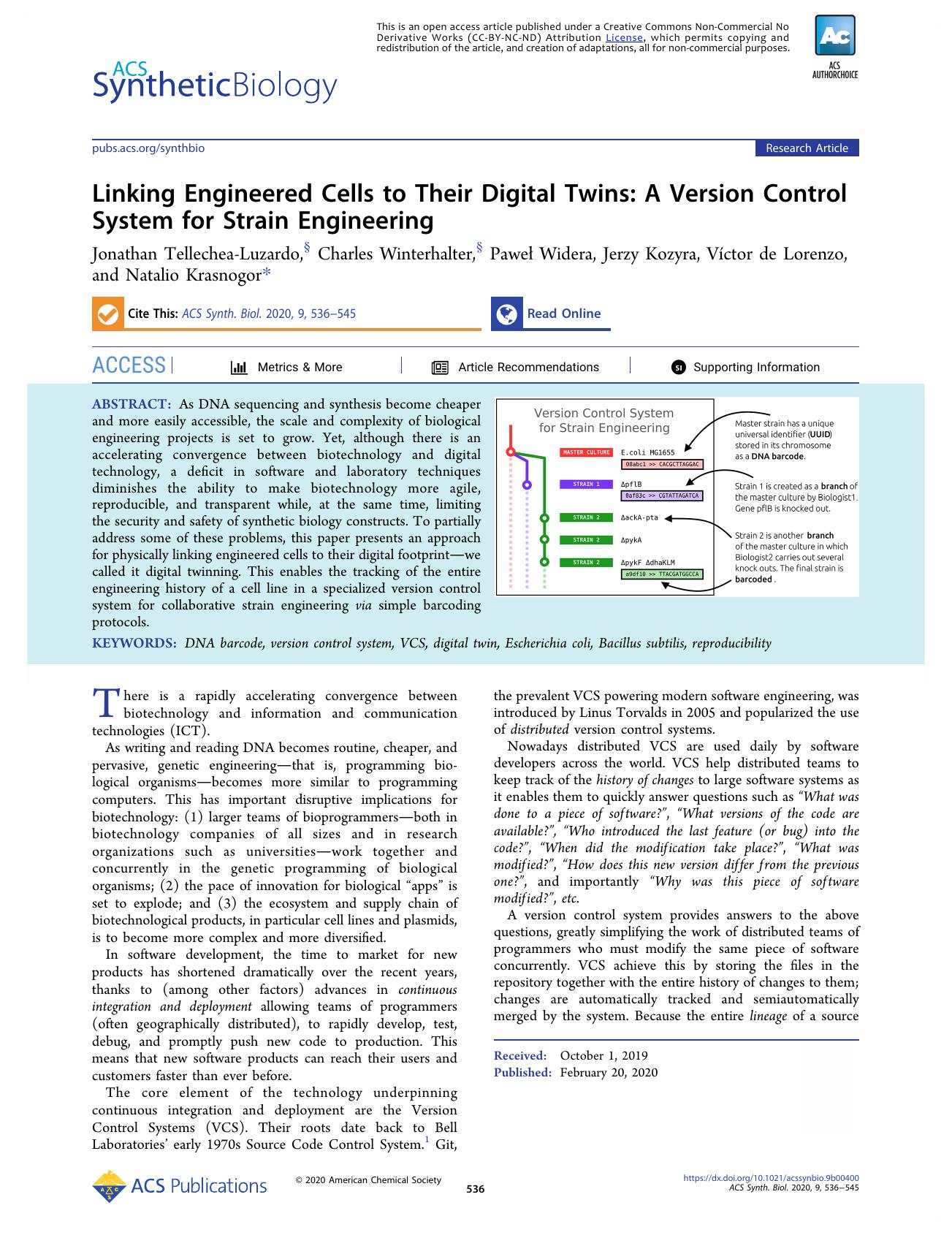 Linking Engineered Cells to Their Digital Twins: A Version Control System for Strain Engineering by unknow
