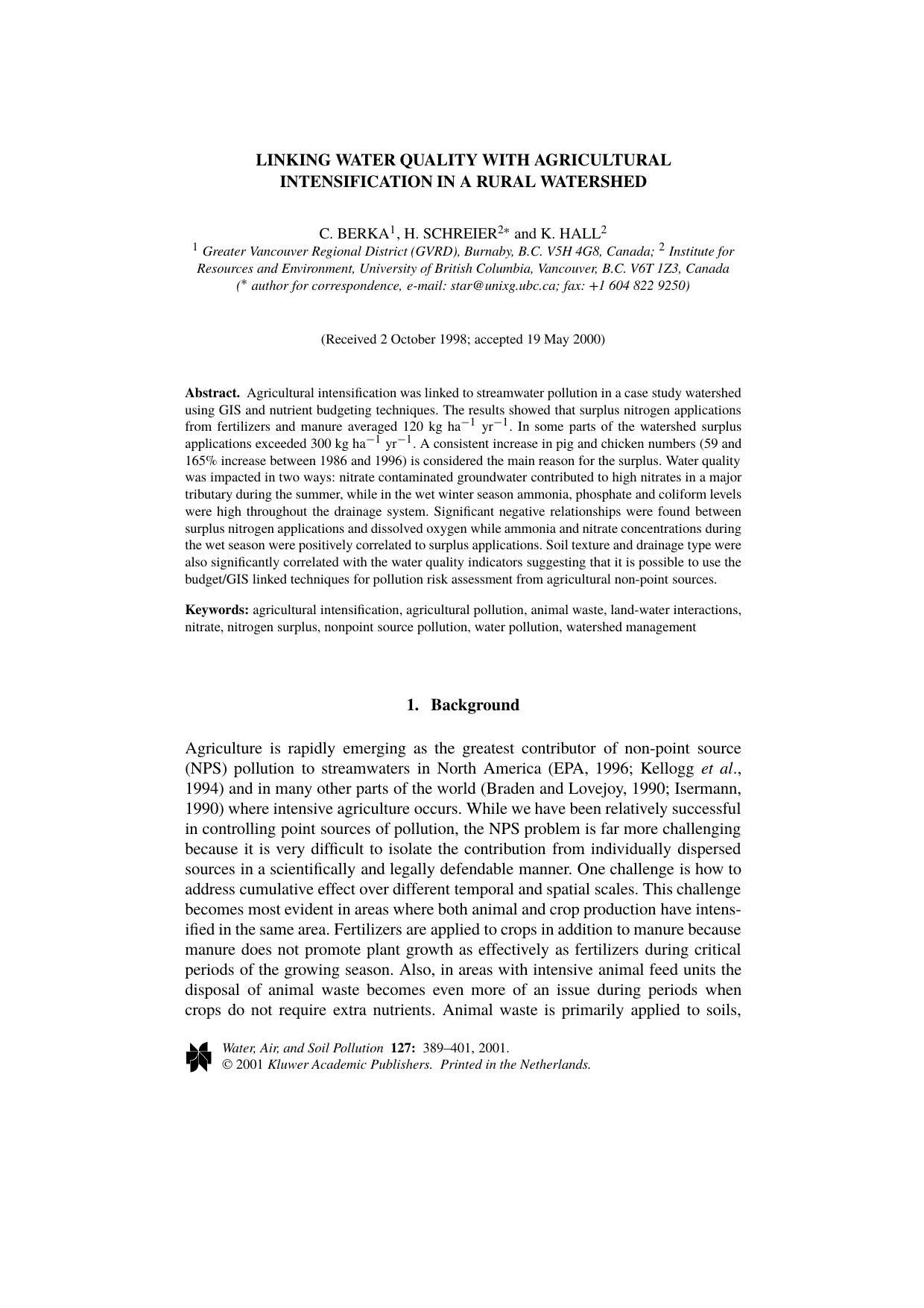 Linking Water Quality with Agricultural Intensification in a Rural Watershed by Unknown