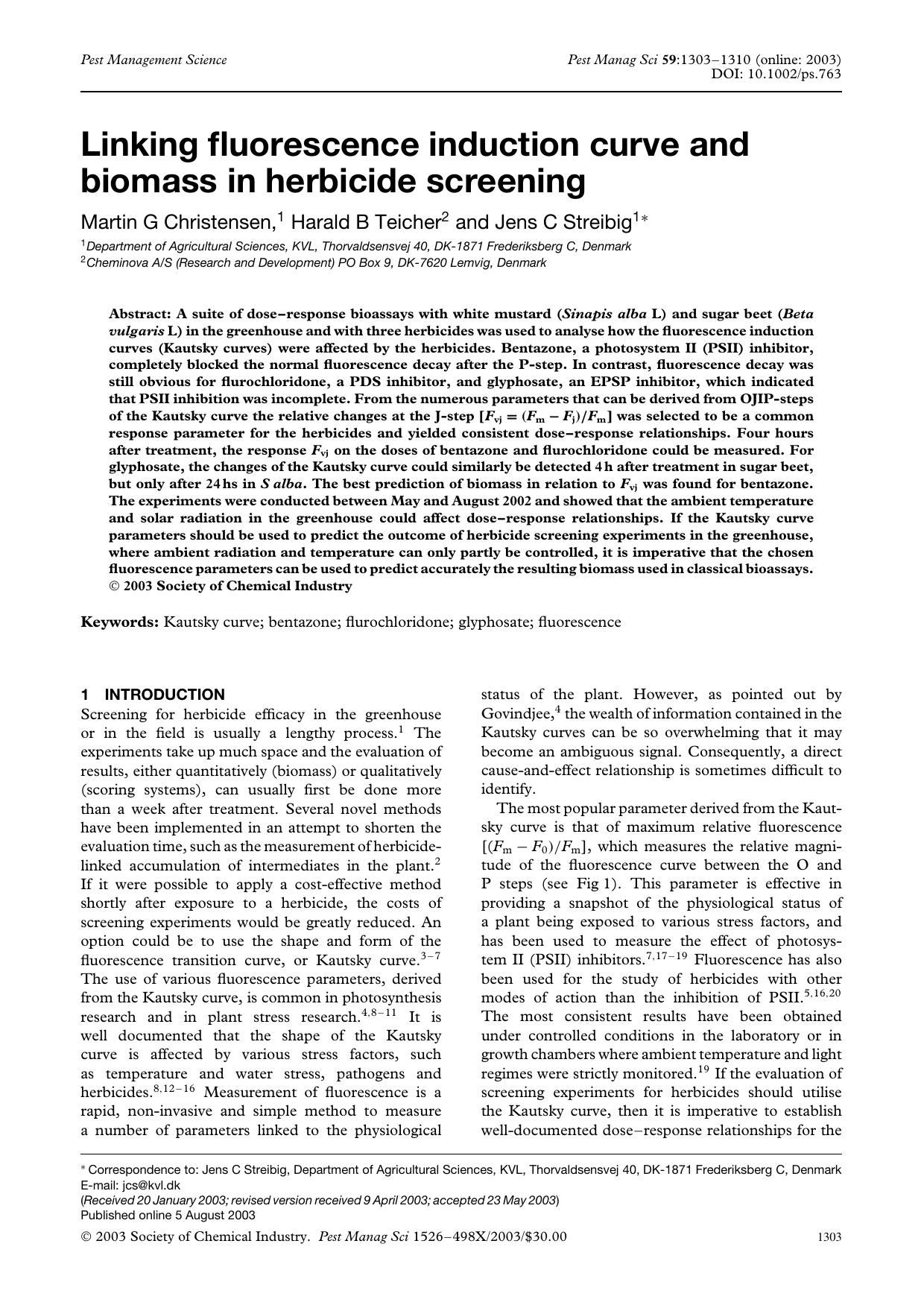 Linking fluorescence induction curve and biomass in herbicide screening by Unknown