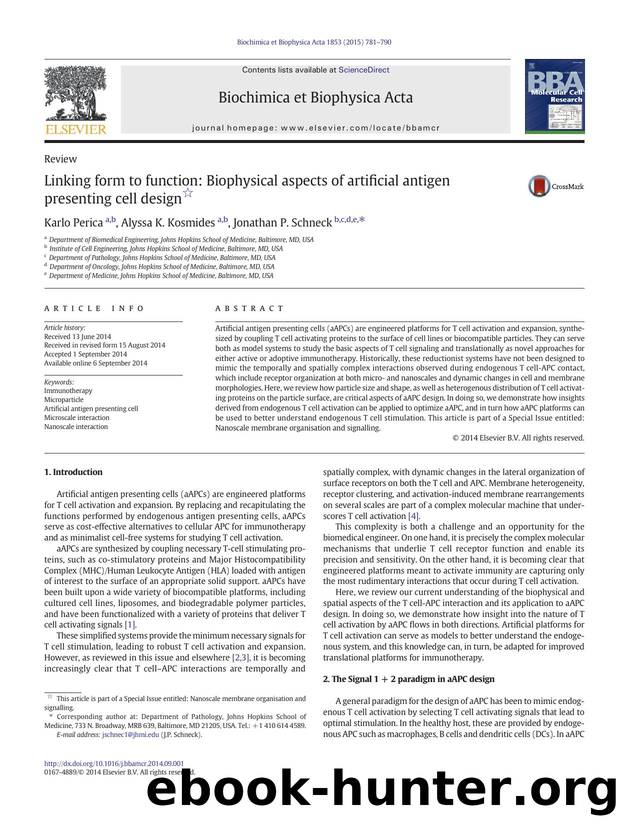 Linking form to function: Biophysical aspects of artificial antigen presenting cell design by Karlo Perica & Alyssa K. Kosmides & Jonathan P. Schneck