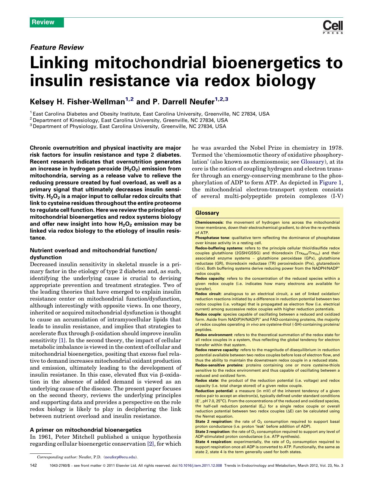 Linking mitochondrial bioenergetics to insulin resistance via redox biology by Kelsey H. Fisher-Wellman & P. Darrell Neufer