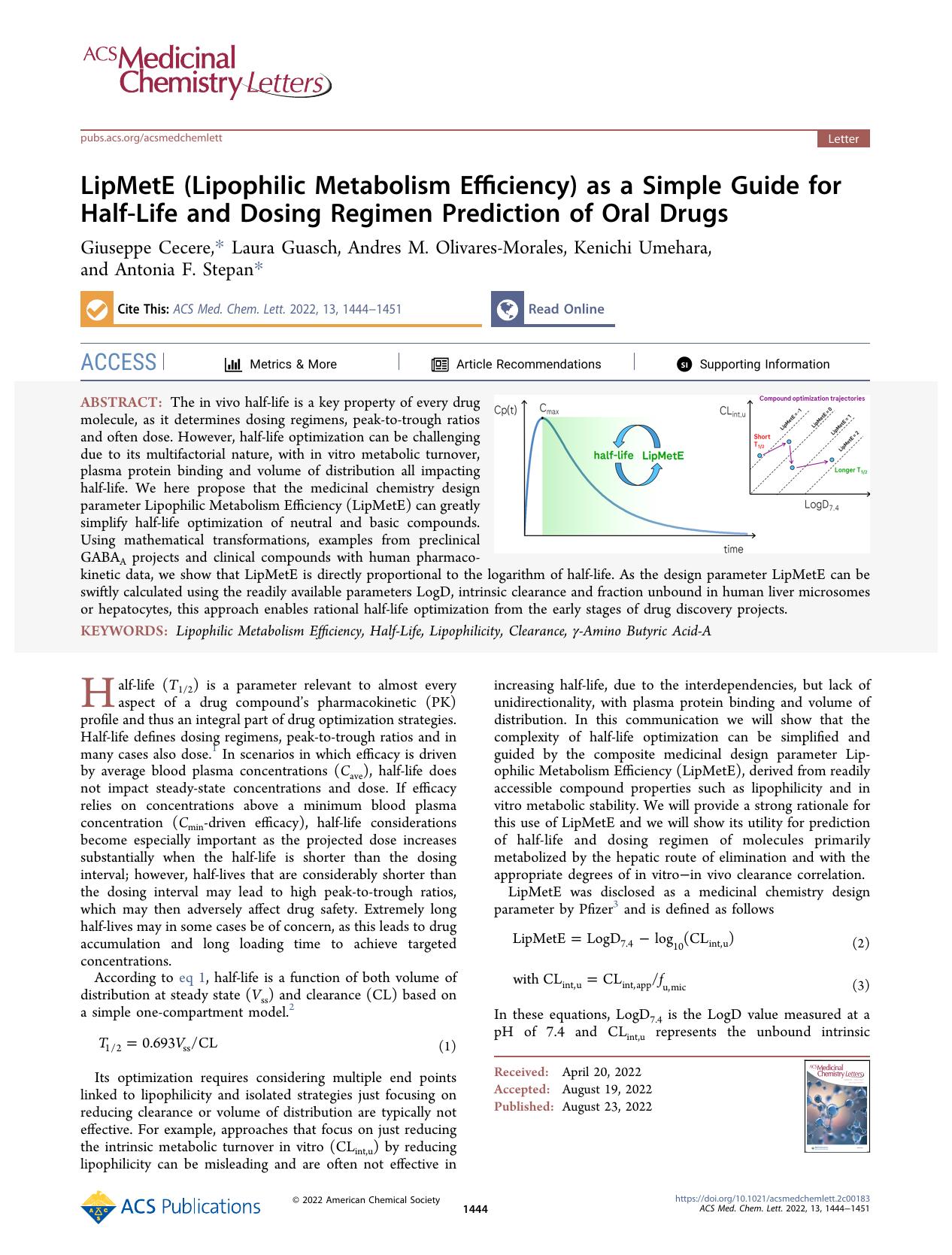 LipMetE (Lipophilic Metabolism Efficiency) as a Simple Guide for Half-Life and Dosing Regimen Prediction of Oral Drugs by Giuseppe Cecere Laura Guasch Andres M. Olivares-Morales Kenichi Umehara and Antonia F. Stepan