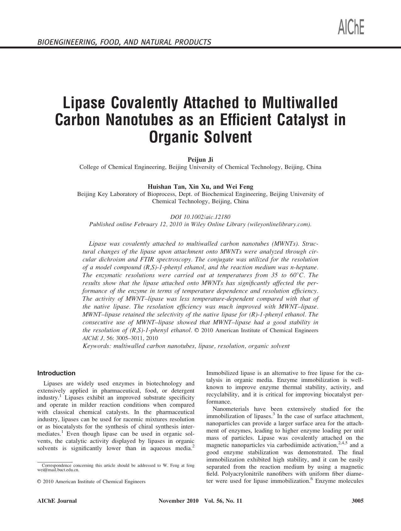 Lipase covalently attached to multiwalled carbon nanotubes as an efficient catalyst in organic solvent by Unknown