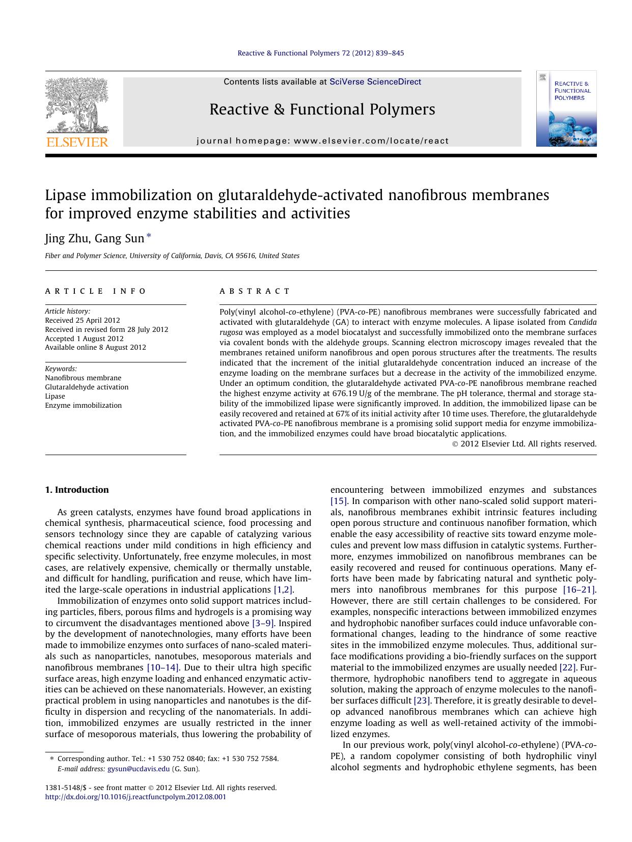 Lipase immobilization on glutaraldehyde-activated nanofibrous membranes for improved enzyme stabilities and activities by Jing Zhu & Gang Sun