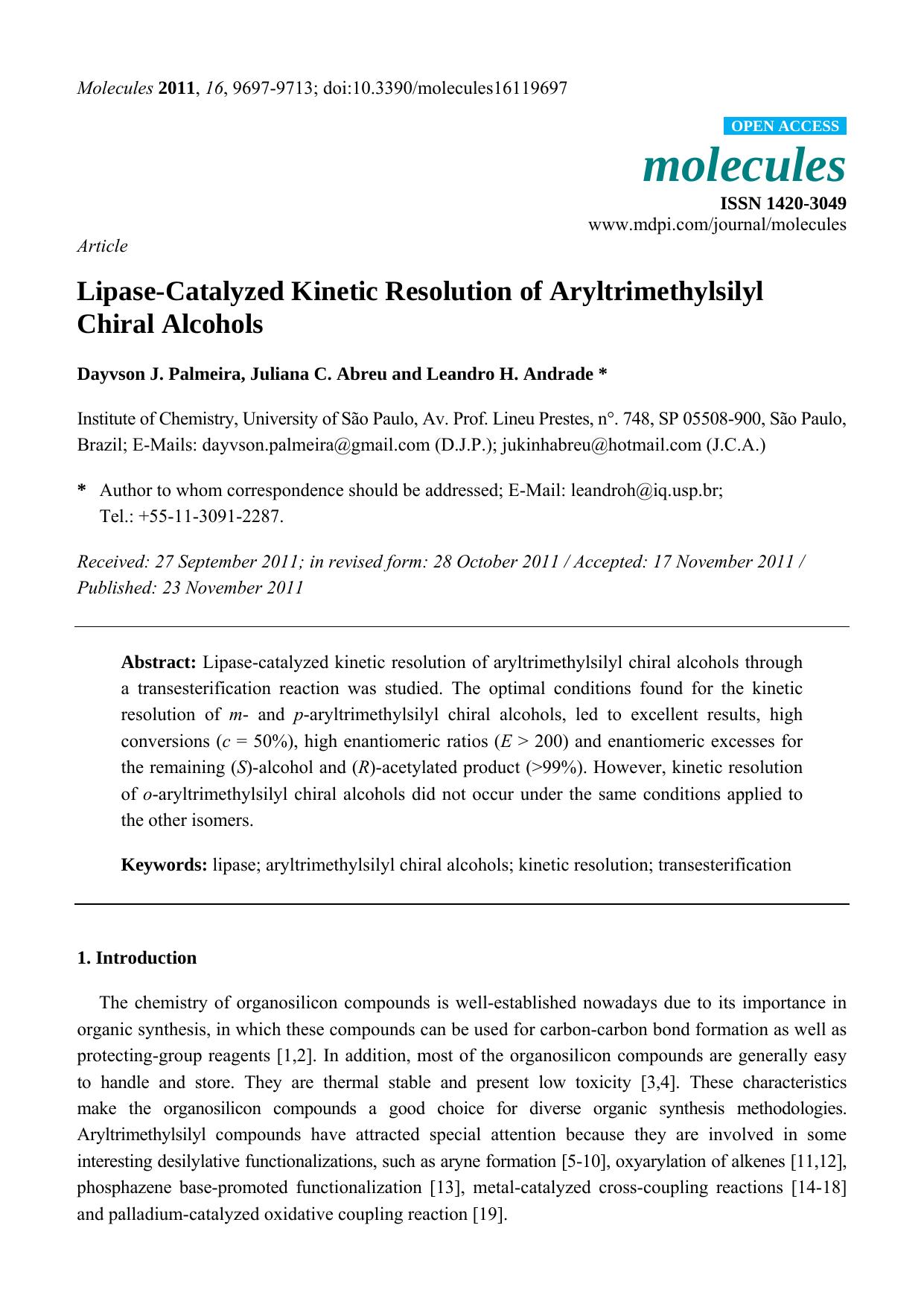 Lipase-Catalyzed Kinetic Resolution of Aryltrimethylsilyl Chiral Alcohols by Dayvson J. Palmeira & Juliana C. Abreu and Leandro H. Andrade