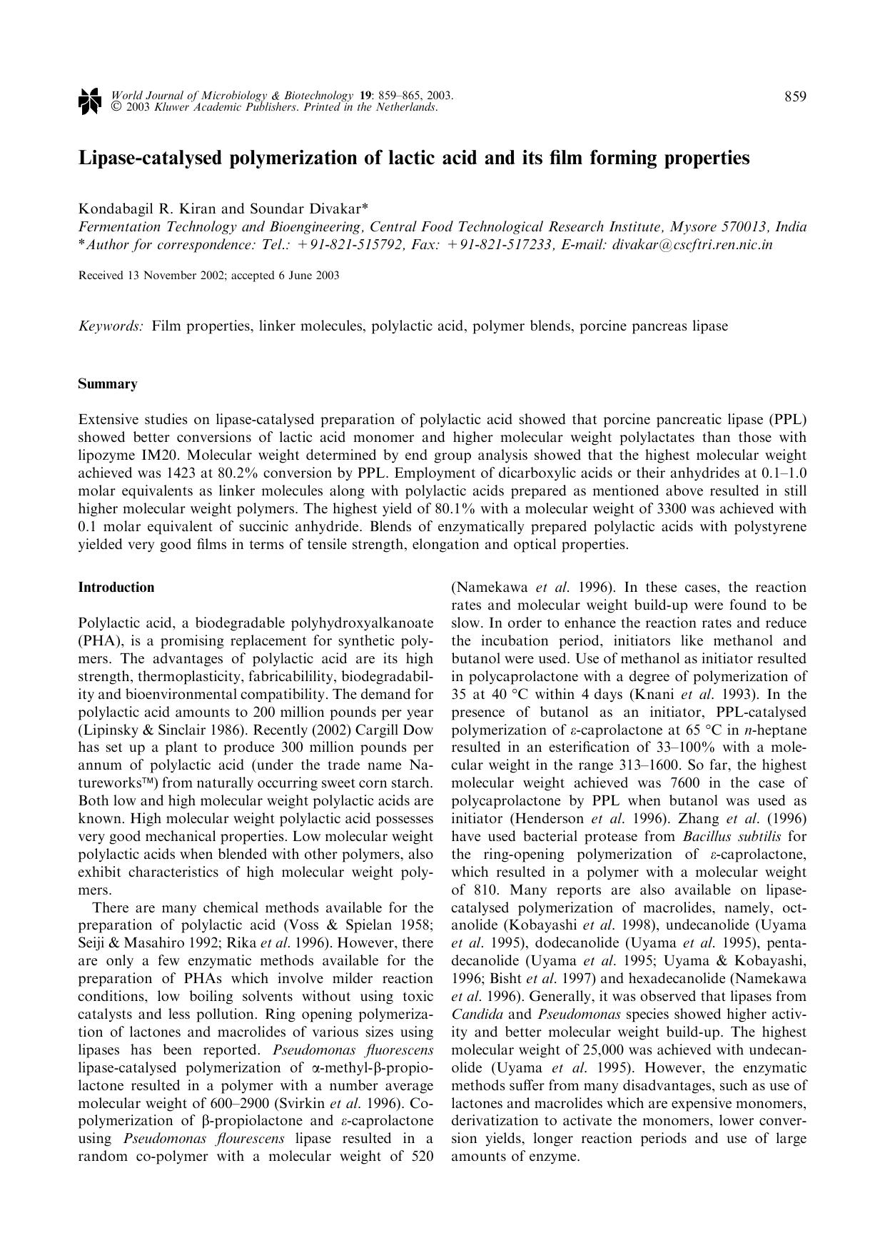Lipase-catalysed polymerization of lactic acid and its film forming properties by Unknown