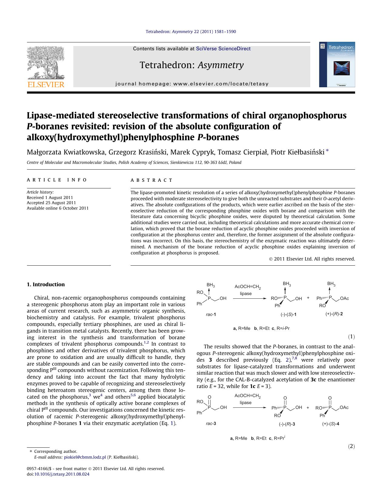 Lipase-mediated stereoselective transformations of chiral organophosphorus P-boranes revisited: revision of the absolute configuration of alkoxy(hydroxymethyl)phenylphosphine P-boranes by unknow