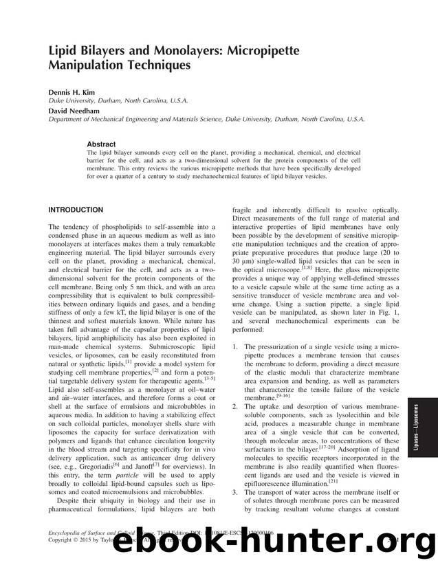 Lipid Bilayers and Monolayers: Micropipette Manipulation Techniques by Dennis H. Kim & David Needham