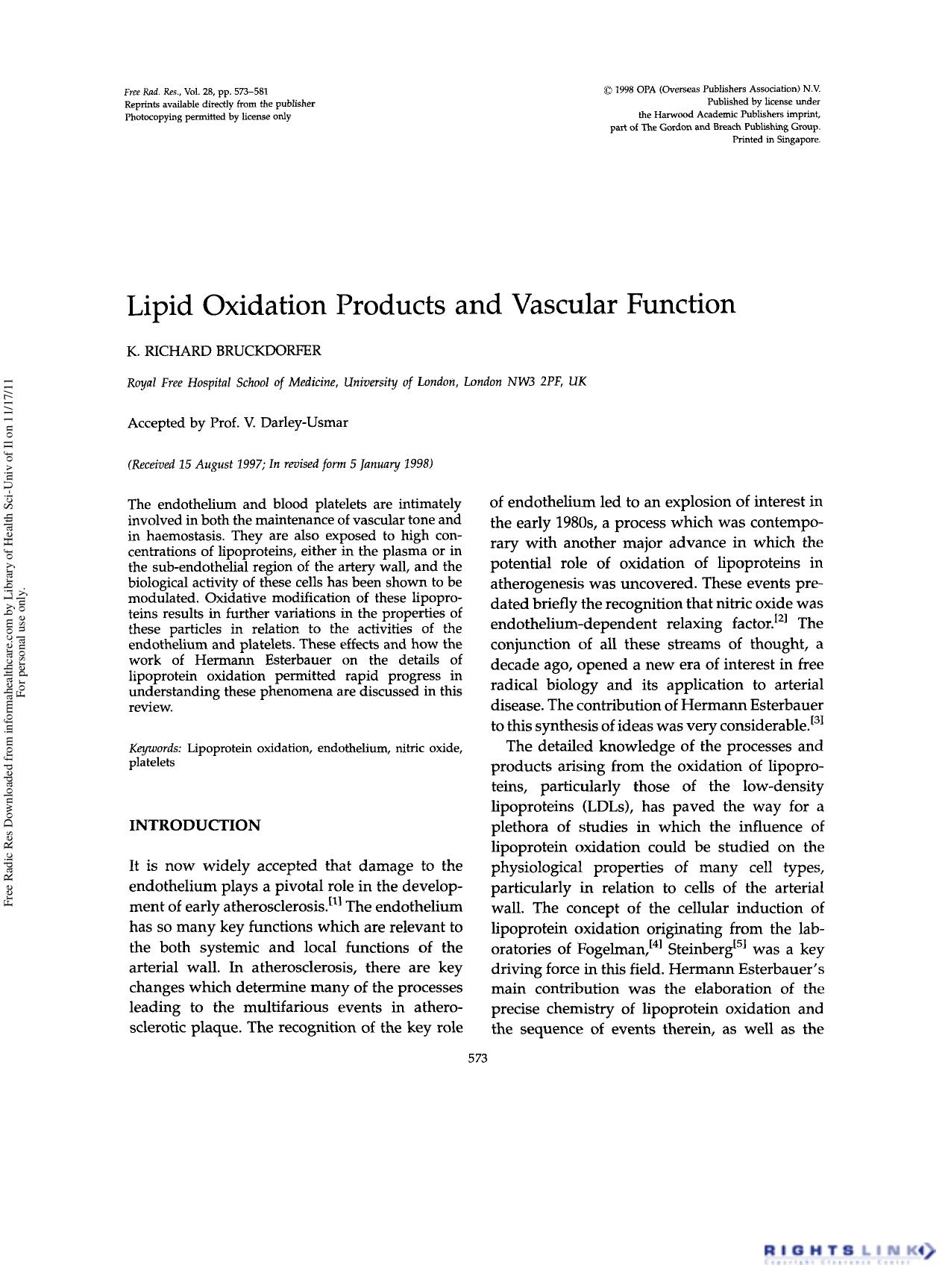 Lipid Oxidation Products and Vascular Function by K. Richard Bruckdorfer