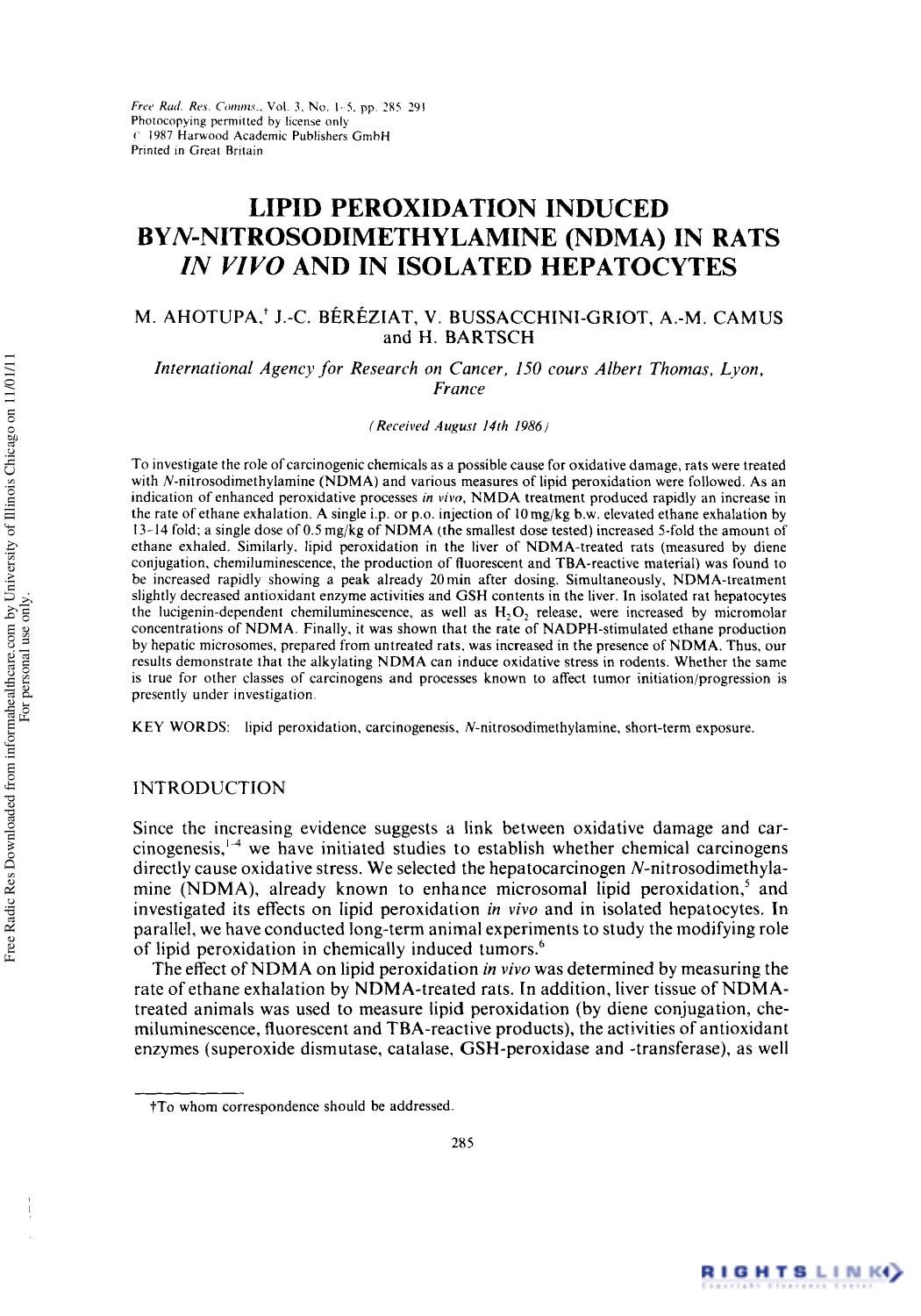 Lipid Peroxidation Induced ByN-Nitrosodimethylamine (Ndma) In Rats In Vivo and in Isolated Hepatocytes by M. Ahotupa1 J. C. Béréziat1 V. Bussacchini Griot1 A. M. Camus1 & H. Bartsch1