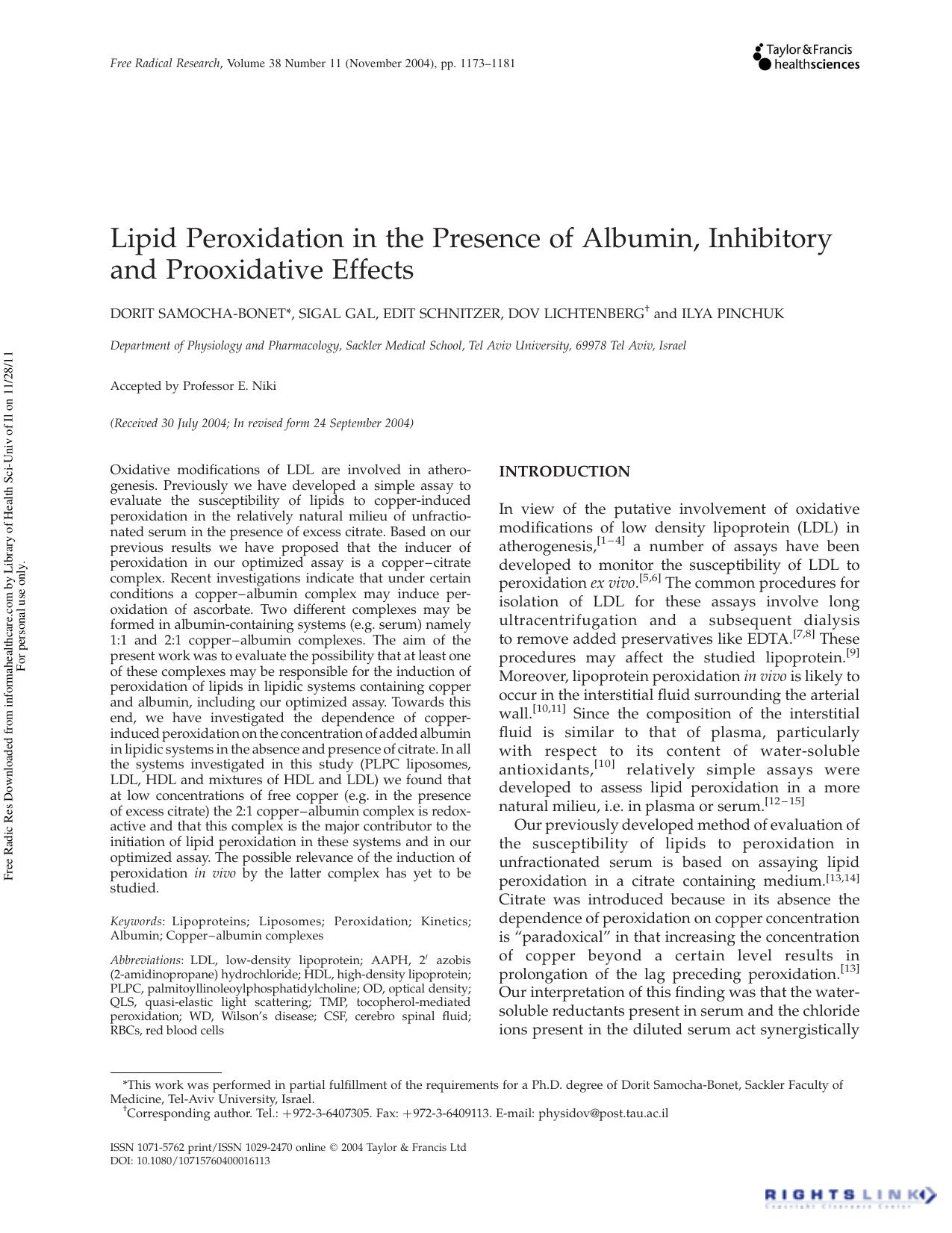 Lipid Peroxidation in the Presence of Albumin, Inhibitory and Prooxidative Effects by Dorit Samocha-Bonet Sigal Gal Edit Schnitzer Dov Lichtenberg & Ilya Pinchuk