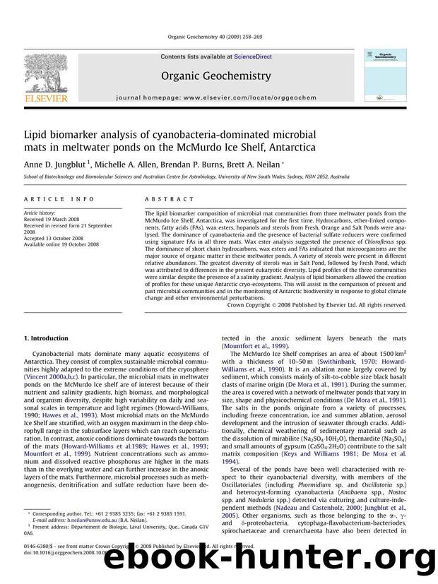 Lipid biomarker analysis of cyanobacteria-dominated microbial mats in meltwater ponds on the McMurdo Ice Shelf, Antarctica by Anne D. Jungblut; Michelle A. Allen; Brendan P. Burns; Brett A. Neilan