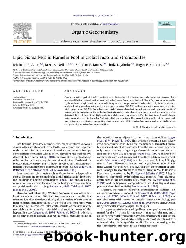 Lipid biomarkers in Hamelin Pool microbial mats and stromatolites by Michelle A. Allen & Brett A. Neilan & Brendan P. Burns & Linda L. Jahnke & Roger E. Summons