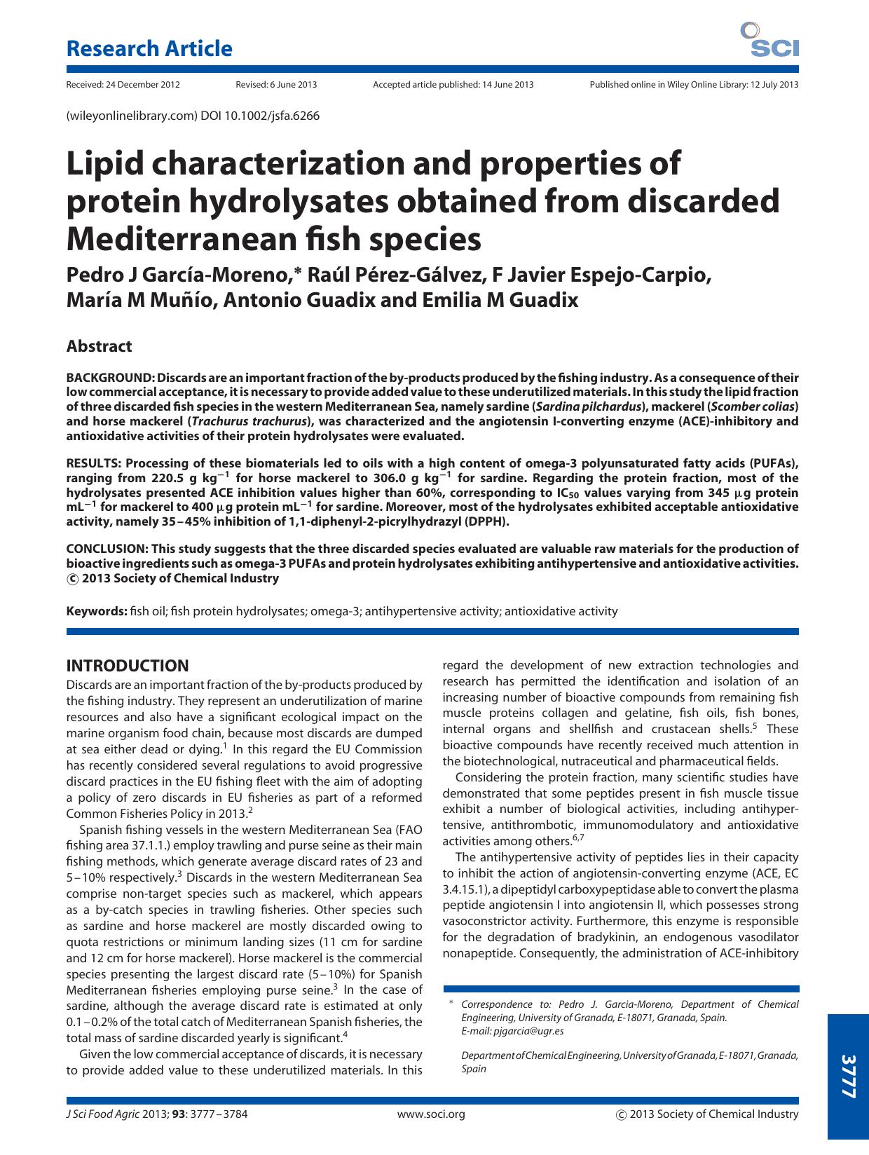 Lipid characterization and properties of protein hydrolysates obtained from discarded Mediterranean fish species by Unknown