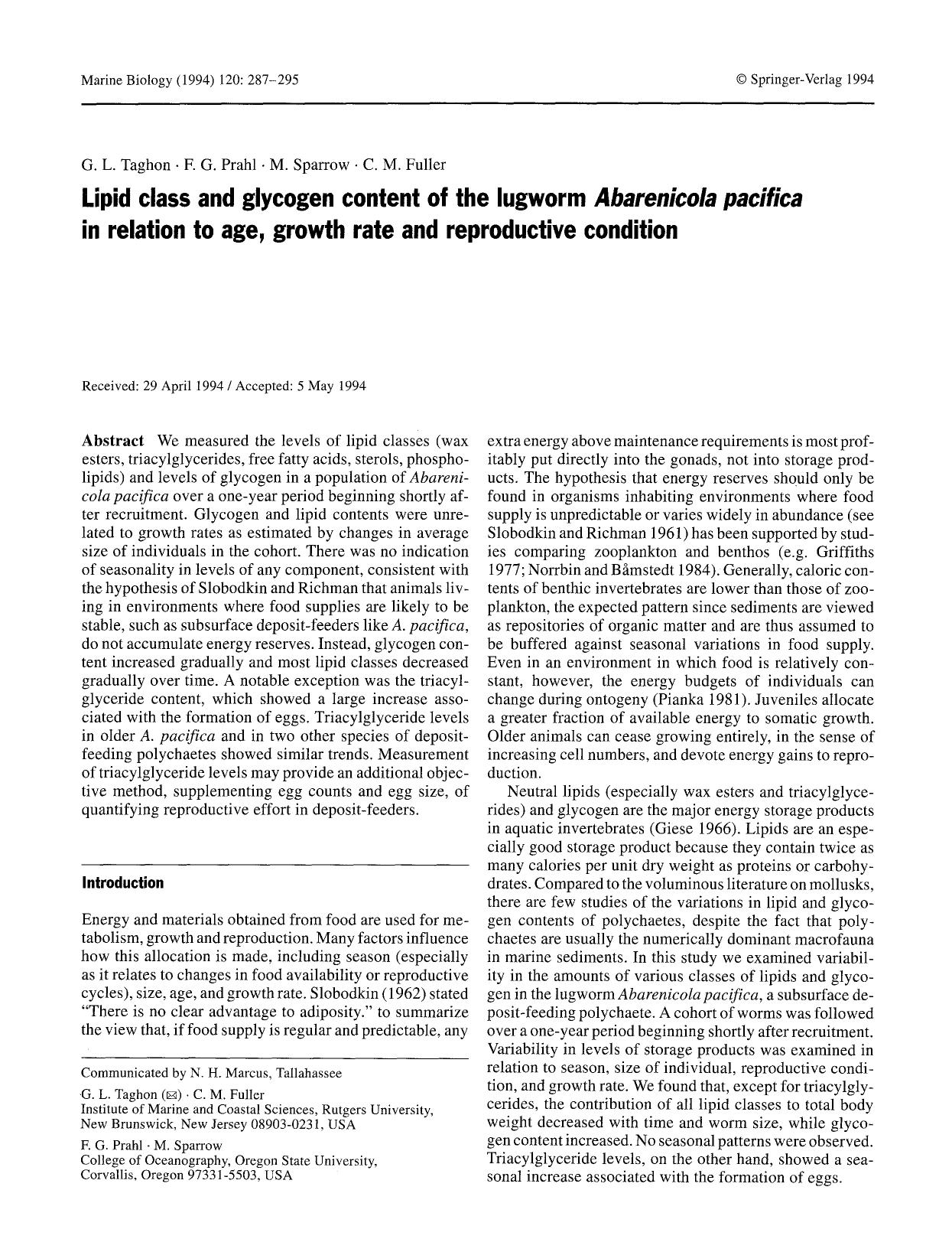 Lipid class and glycogen content of the lugworm <Emphasis Type="Italic">Abarenicola pacifica<Emphasis> in relation to age, growth rate and reproductive condition by Unknown