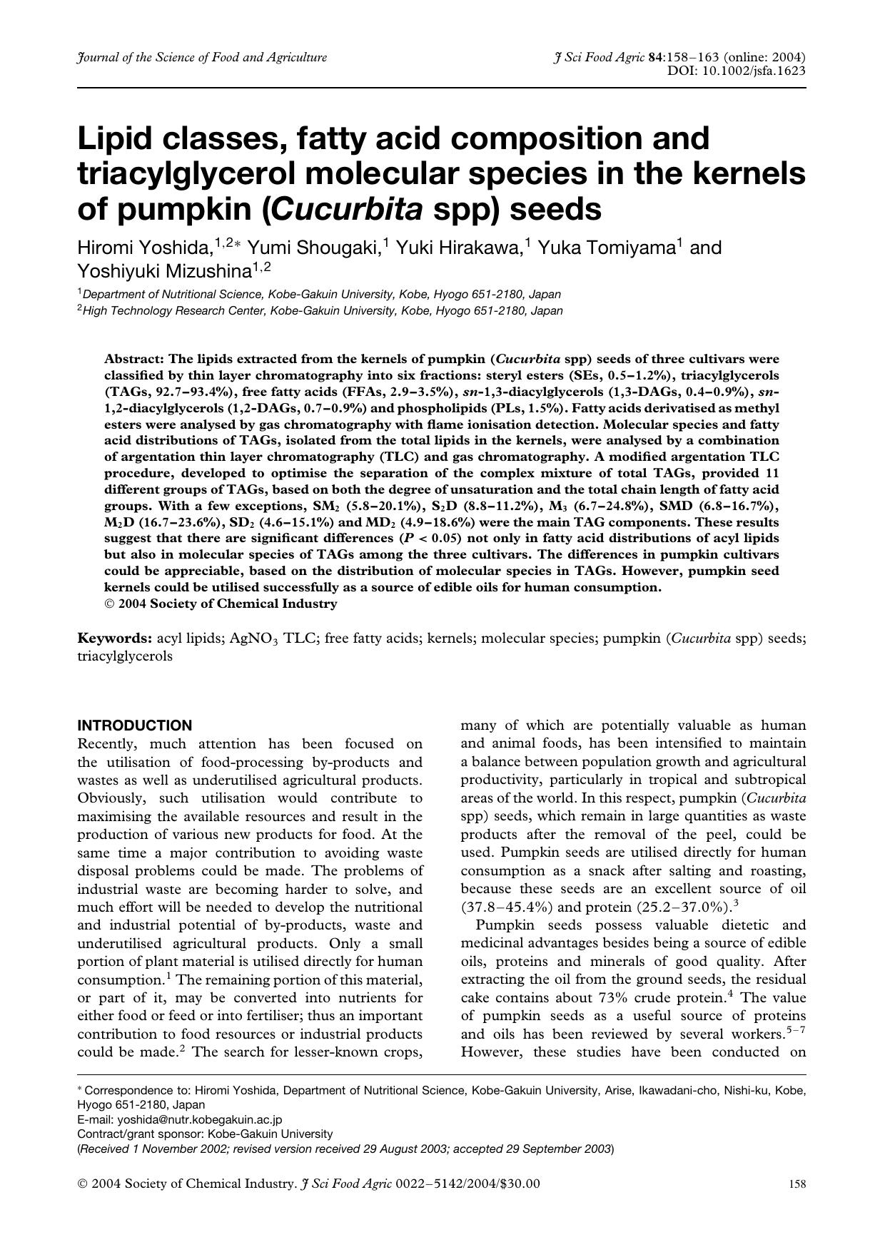 Lipid classes, fatty acid composition and triacylglycerol molecular species in the kernels of pumpkin (Cucurbita spp) seeds by Unknown