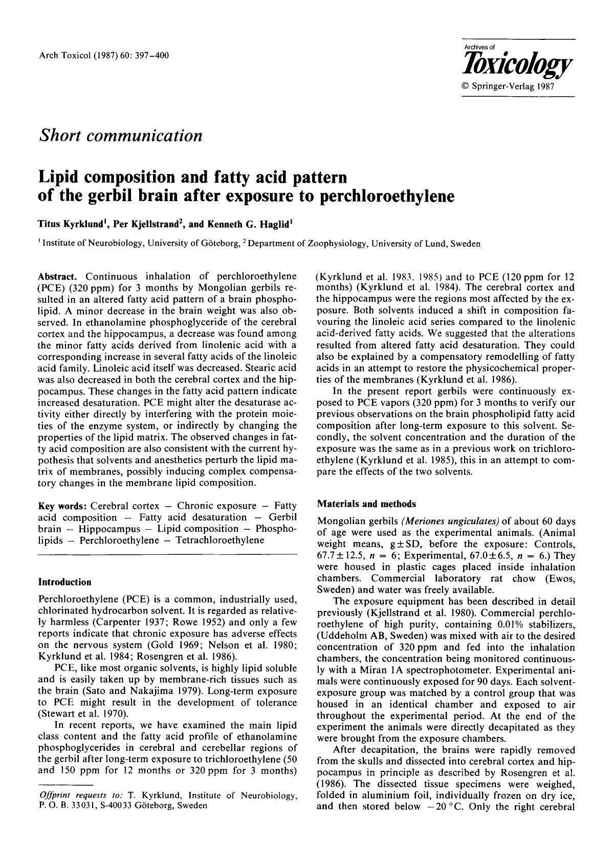 Lipid composition and fatty acid pattern of the gerbil brain after exposure to perchloroethylene by Unknown