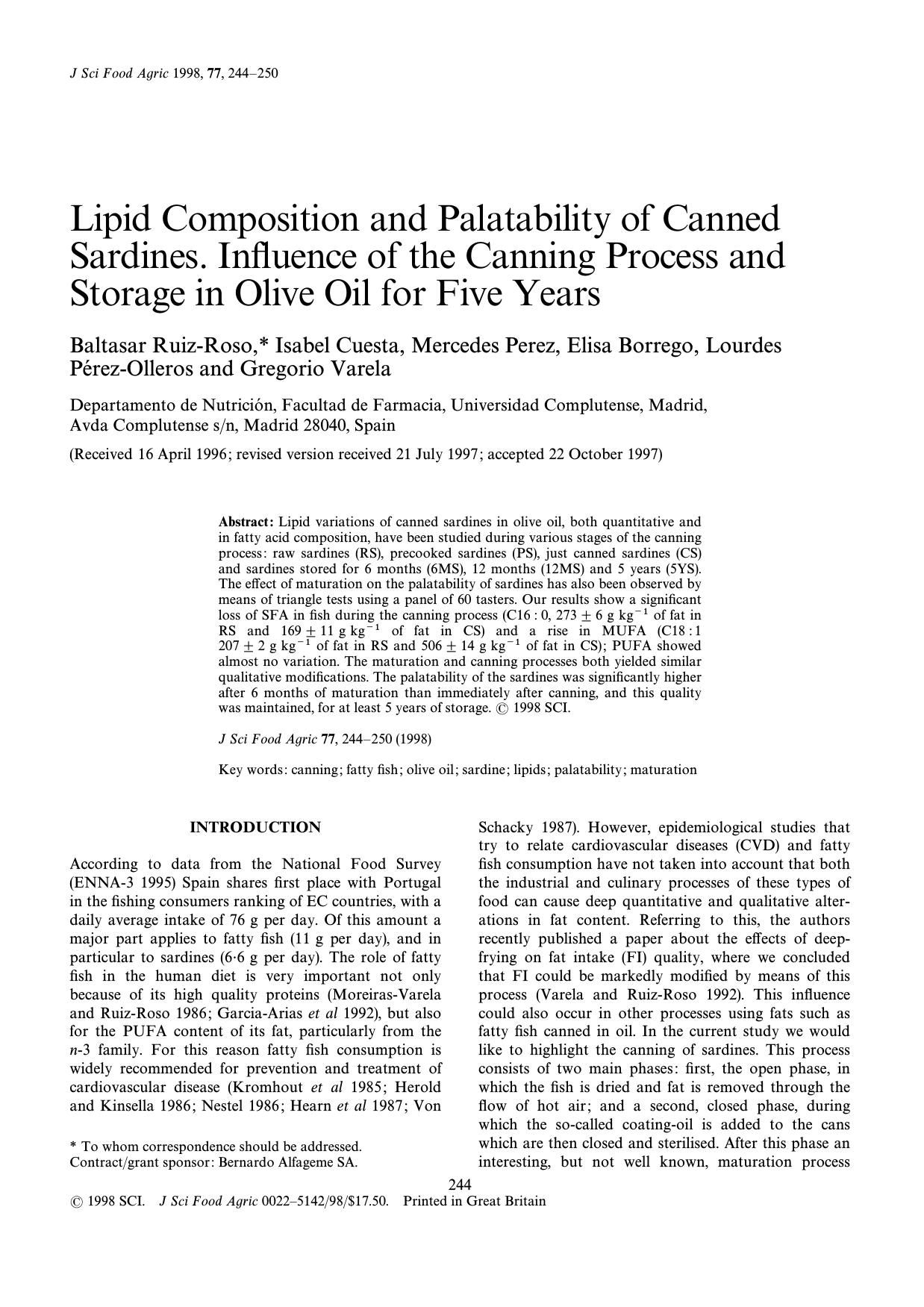 Lipid composition and palatability of canned sardines. Influence of the canning process and storage in olive oil for five years by Ruiz-Roso Cuesta Perez Borrego P & eacute;rez-Olleros Varela