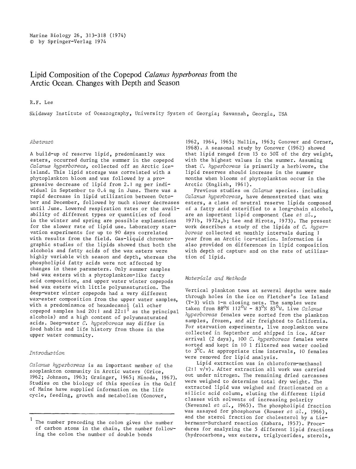 Lipid composition of the copepod <Emphasis Type="Italic">Calanus hyperboreas<Emphasis> from the Arctic Ocean. Changes with depth and season by Unknown