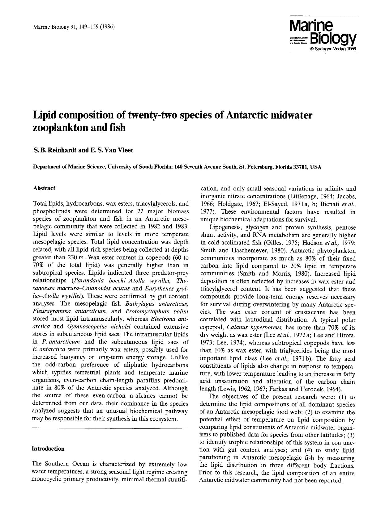Lipid composition of twenty-two species of Antarctic midwater zooplankton and fish by Unknown