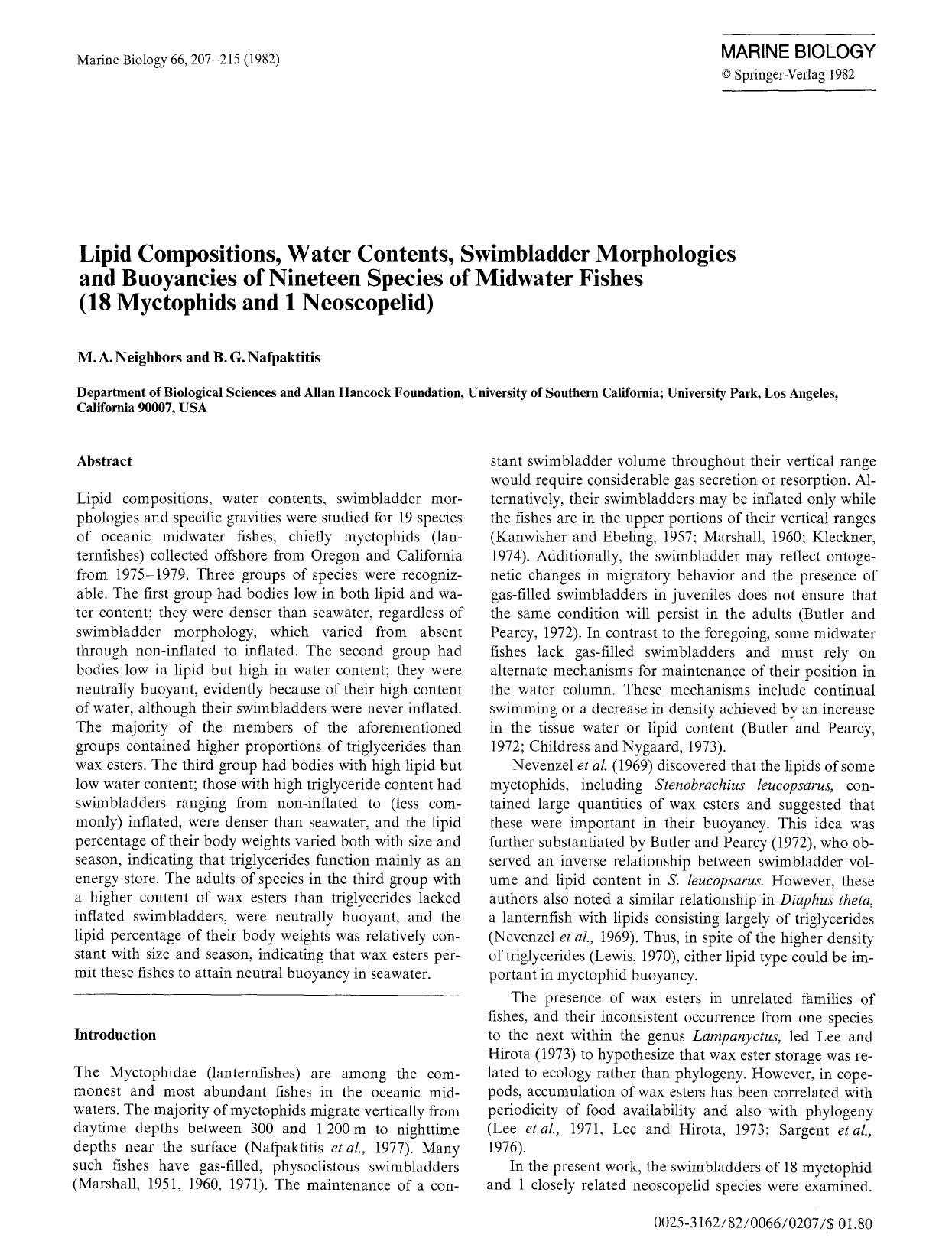 Lipid compositions, water contents, swimbladder morphologies and buoyancies of nineteen species of midwater fishes (18 myctophids and 1 neoscopelid) by Unknown