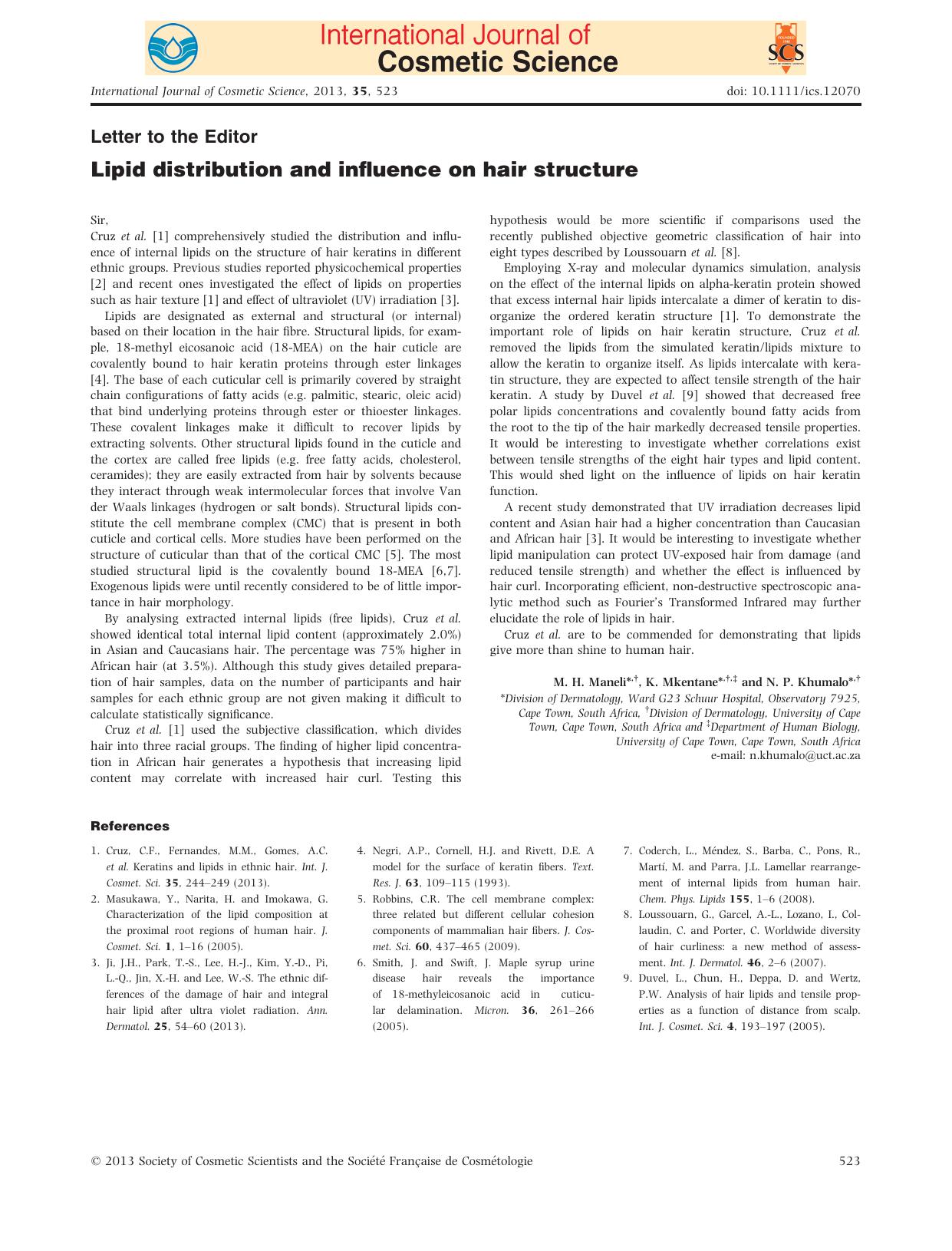 Lipid distribution and influence on hair structure by Unknown