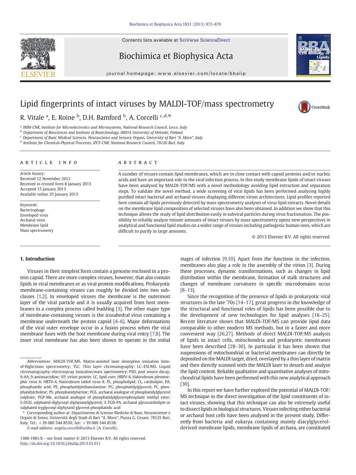 Lipid fingerprints of intact viruses by MALDI-TOFmass spectrometry by R. Vitale & E. Roine & D.H. Bamford & A. Corcelli