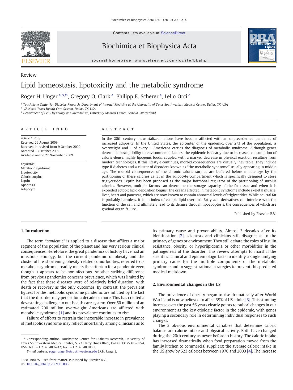 Lipid homeostasis, lipotoxicity and the metabolic syndrome by Roger H. Unger; Gregory O. Clark; Philipp E. Scherer; Lelio Orci