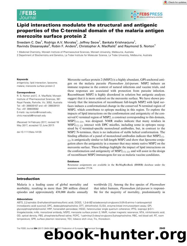 Lipid interactions modulate the structural and antigenic properties of the Câterminal domain of the malaria antigen merozoite surface protein 2 by Unknown