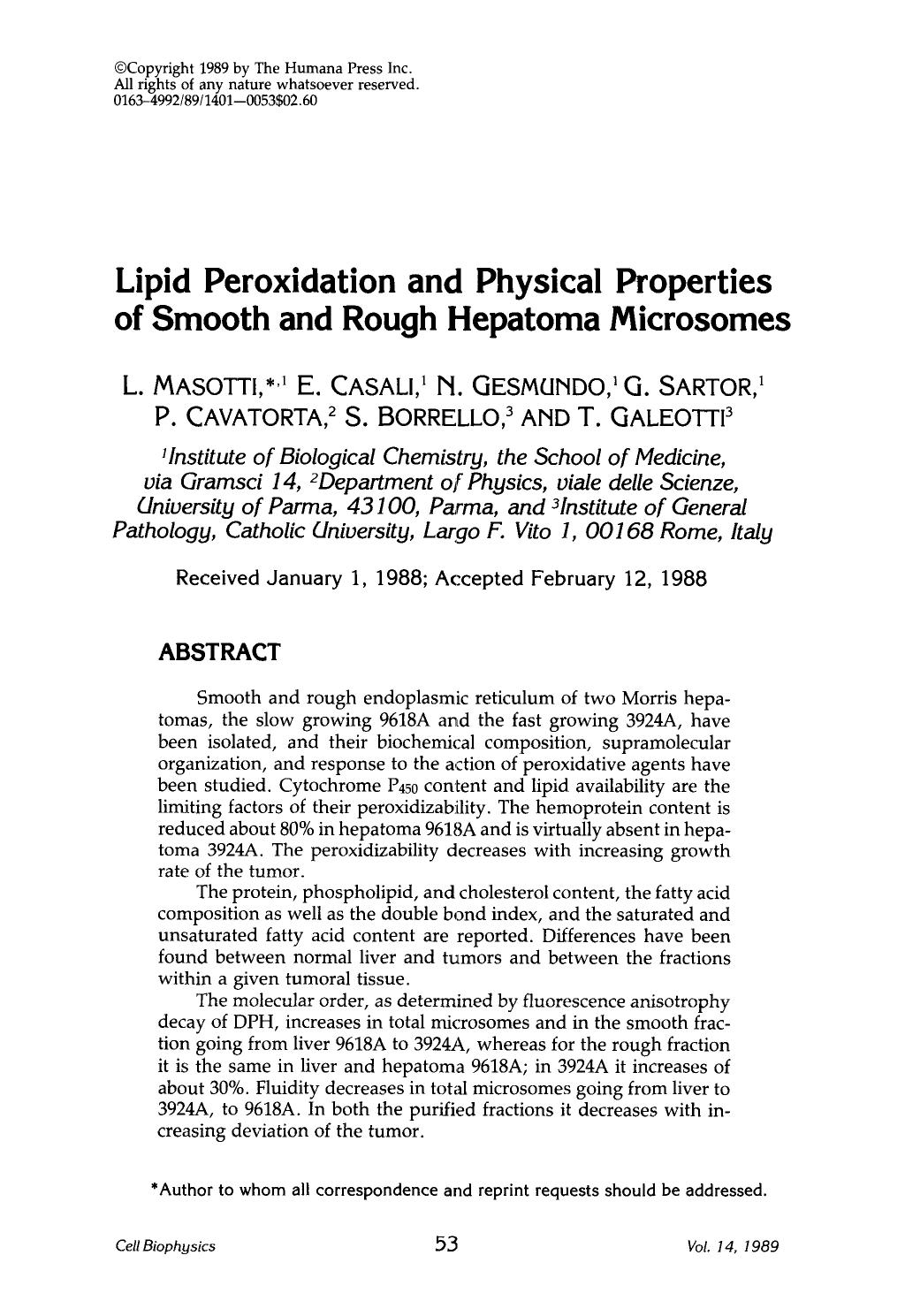 Lipid peroxidation and physical properties of smooth and rough hepatoma microsomes by Unknown