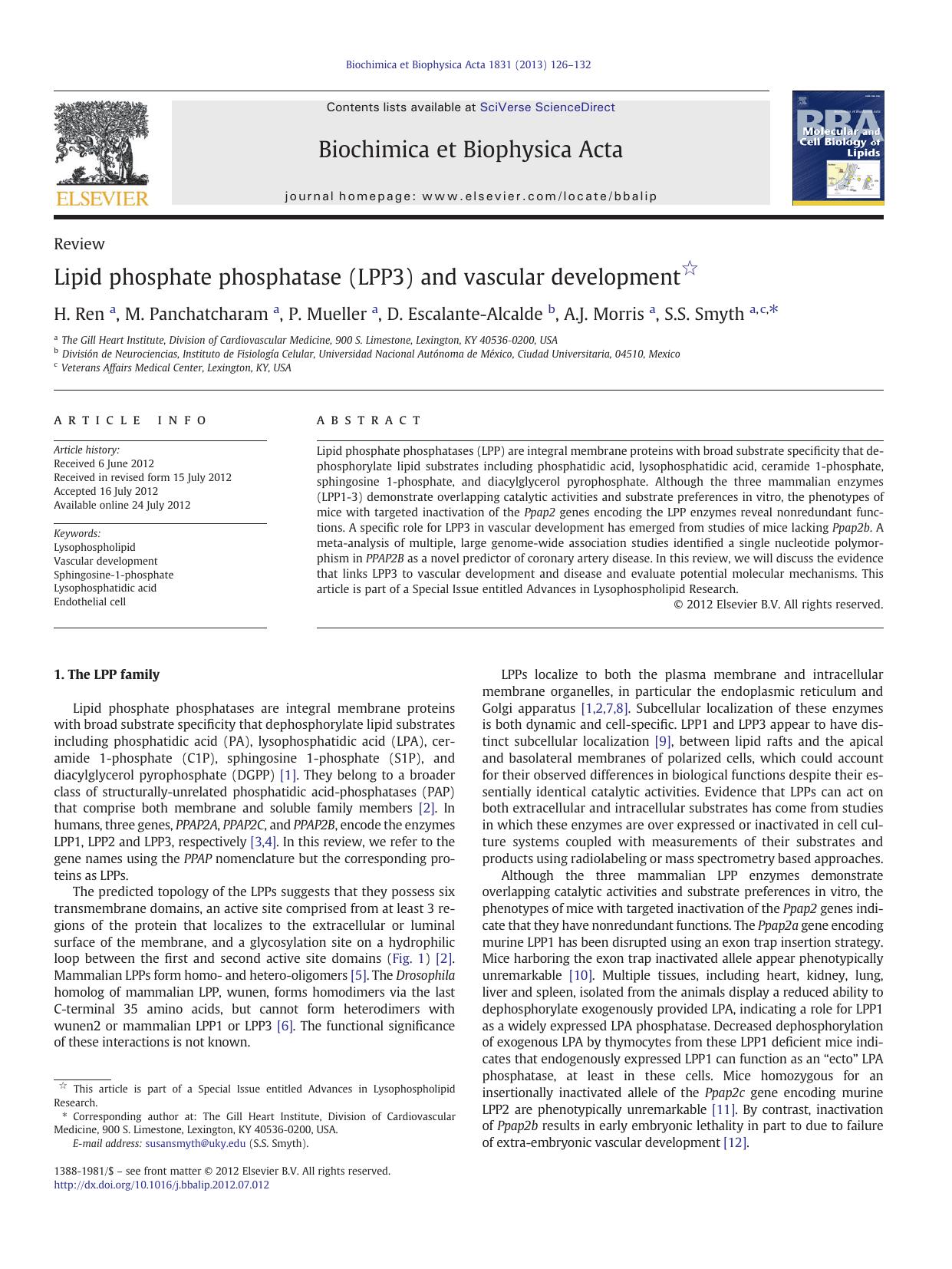 Lipid phosphate phosphatase (LPP3) and vascular development by H. Ren & M. Panchatcharam & P. Mueller & D. Escalante-Alcalde & A.J. Morris & S.S. Smyth