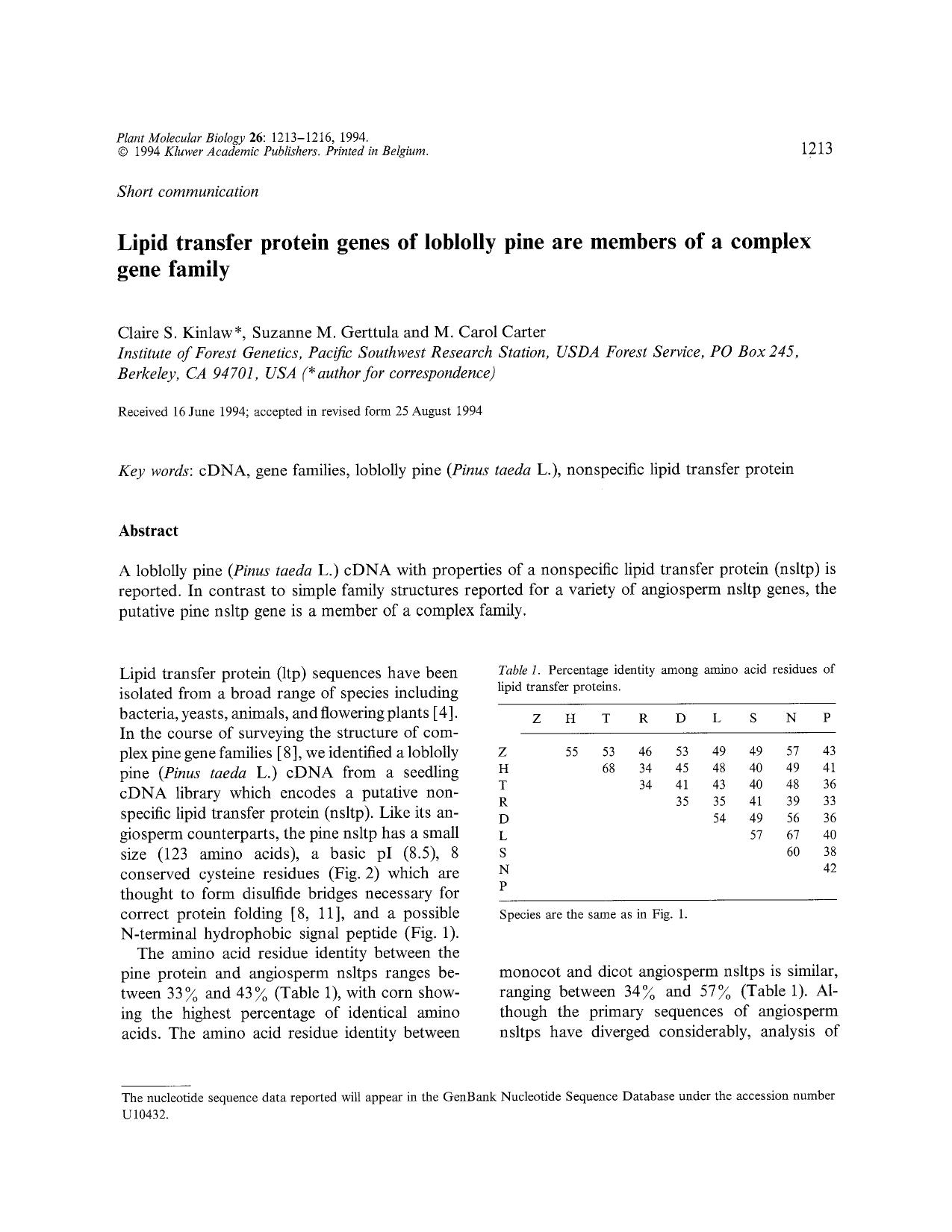 Lipid transfer protein genes of loblolly pine are members of a complex gene family by Unknown