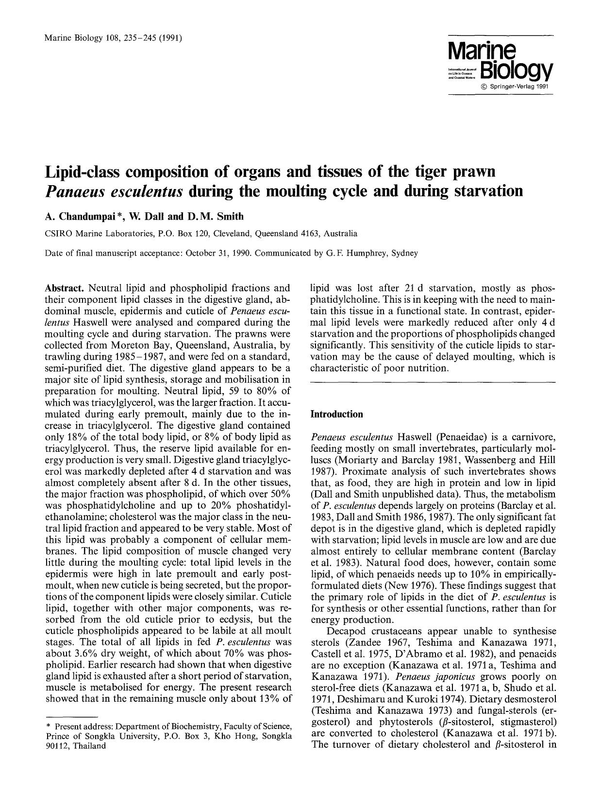 Lipid-class composition of organs and tissues of the tiger prawn <Emphasis Type="Italic">Panaeus esculentus <Emphasis> during the moulting cycle and during starvation by Unknown
