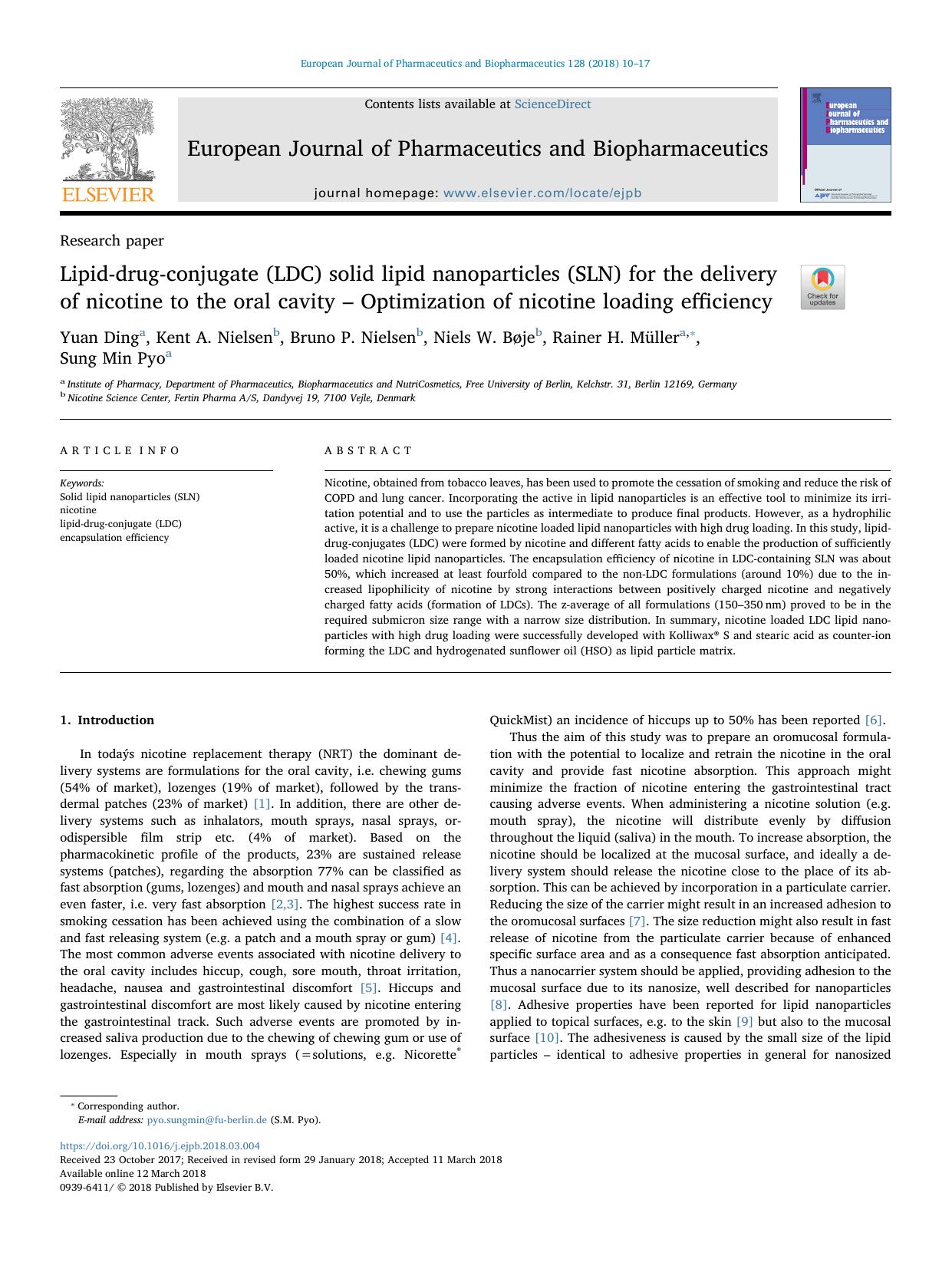 Lipid-drug-conjugate (LDC) solid lipid nanoparticles (SLN) for the delivery of nicotine to the oral cavity â Optimization of nicotine loading efficiency by Yuan Ding & Kent A. Nielsen & Bruno P. Nielsen & Niels W. Bøje & Rainer H. Müller & Sung Min Pyo