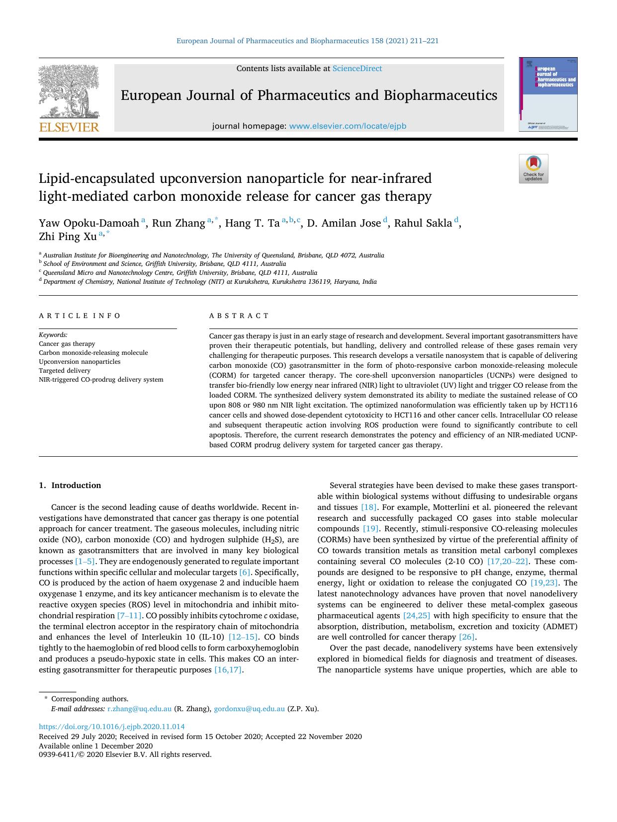 Lipid-encapsulated upconversion nanoparticle for near-infrared light-mediated carbon monoxide release for cancer gas therapy by Yaw Opoku-Damoah & Run Zhang & Hang T. Ta & D. Amilan Jose & Rahul Sakla & Zhi Ping Xu